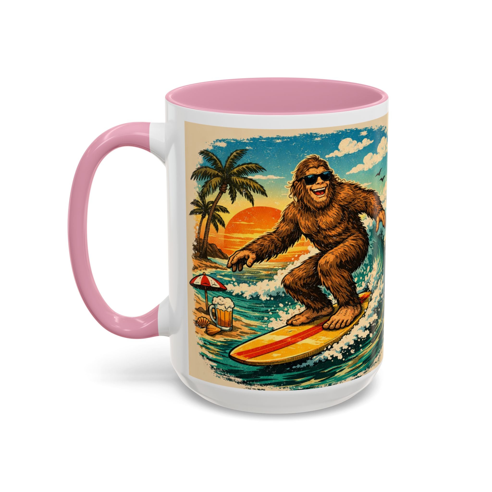 Surfing Bigfoot Mug | Retro Beach Sunset Bigfoot Wave Coffee Cup