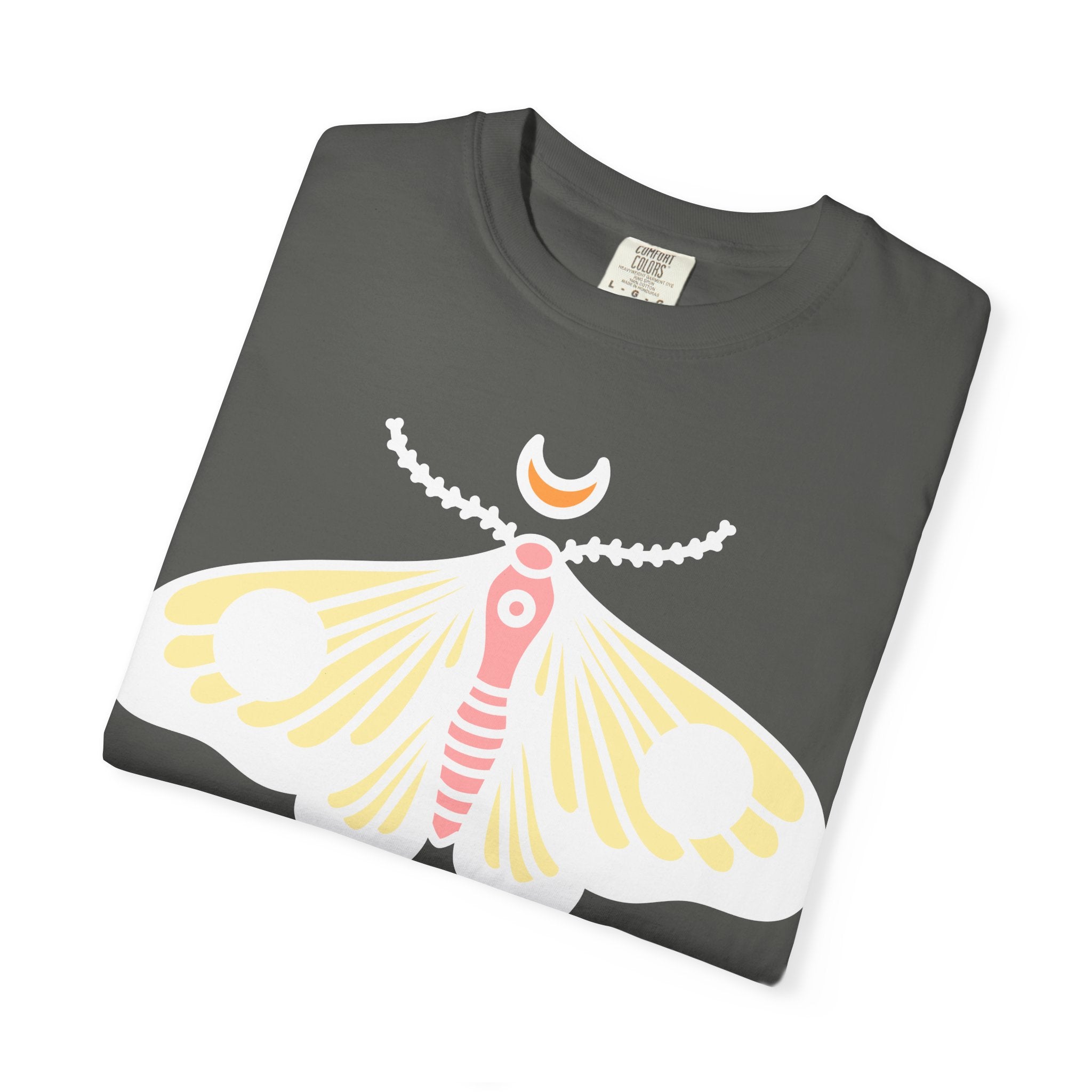 Celestial Moth T-shirt | Pink Yellow Moth with Crescent Moon