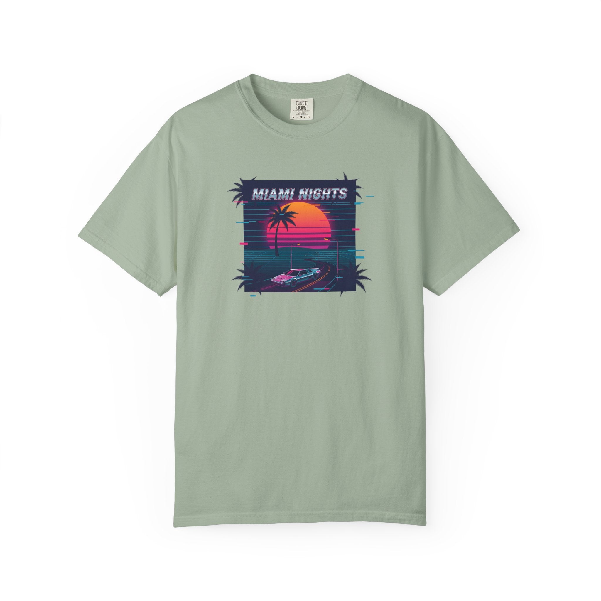 Miami Nights Sunset Palm T-shirt | Retro Vaporwave Beach Scene