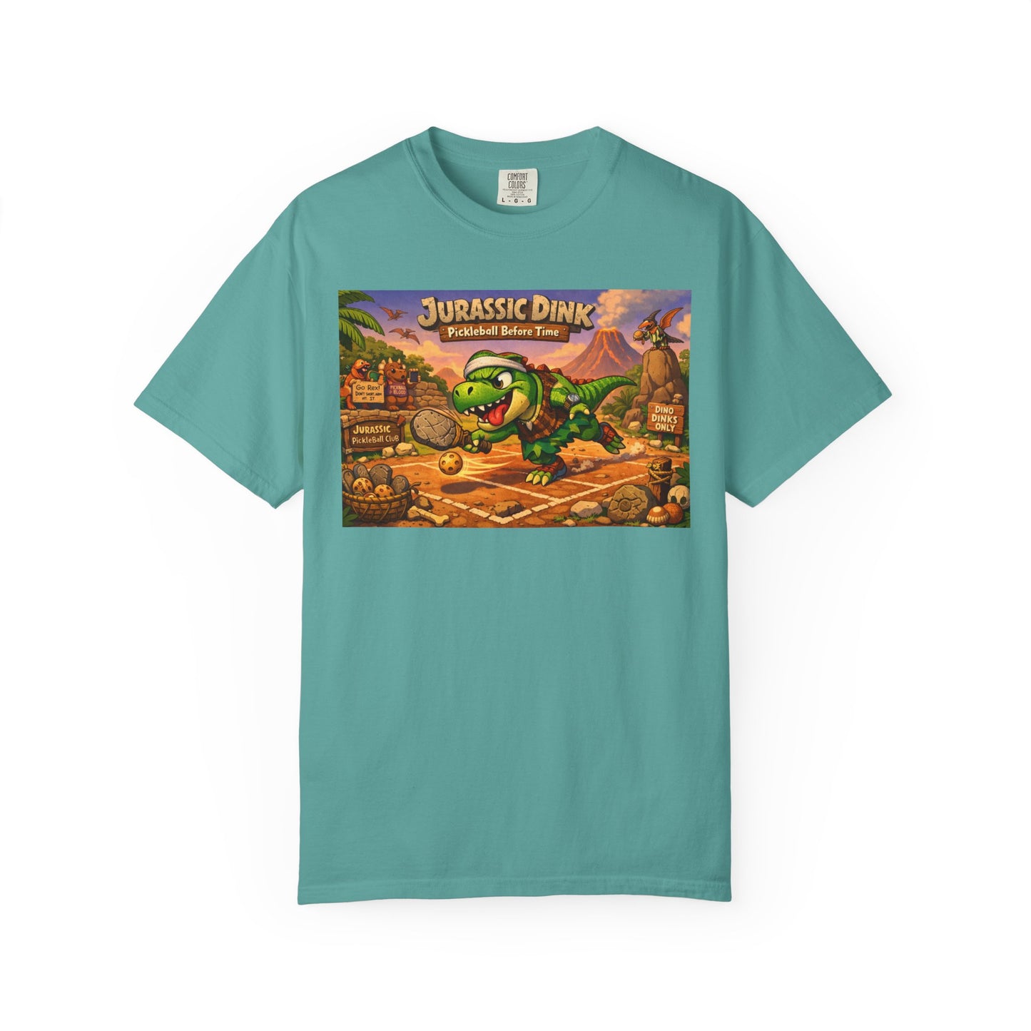 Jurassic Dink Pickleball Dinosaur Arcade Poster T-Shirt | Retro Video Game Shirt