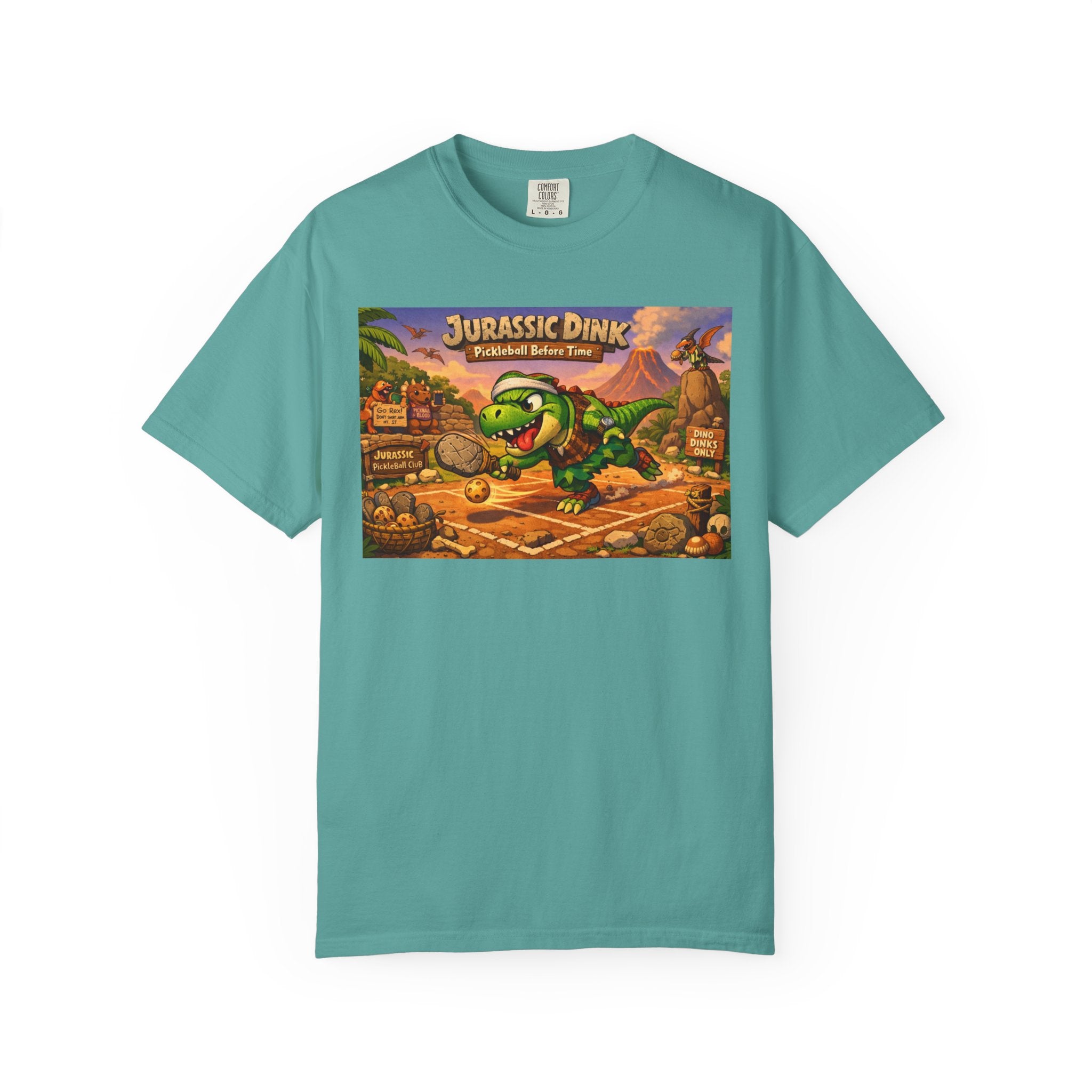 Jurassic Dink Pickleball Dinosaur Arcade Poster T-Shirt | Retro Video Game Shirt