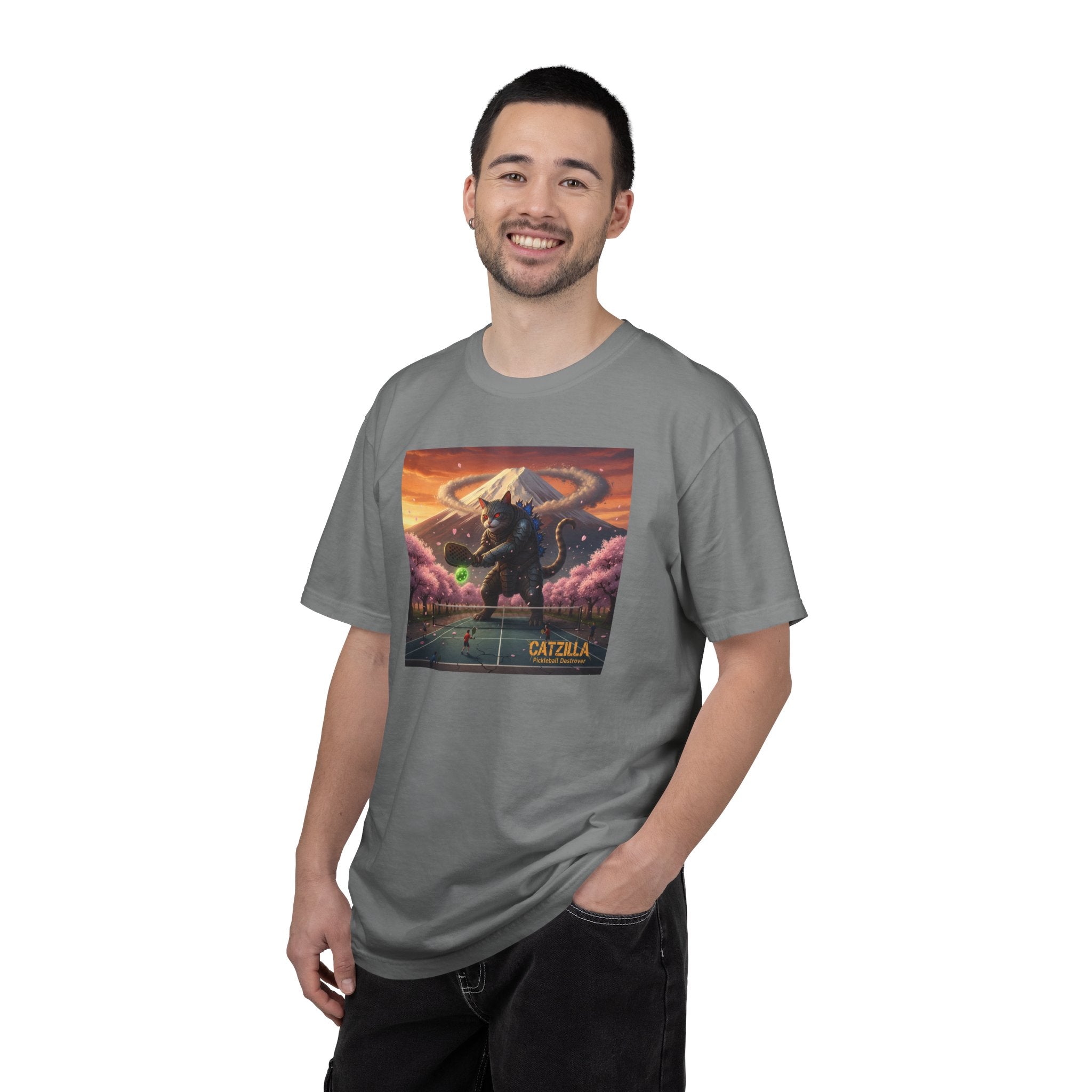 Catzilla Pickleball Destroyer T-shirt | Kaiju Cat Samurai, Mount Fuji Cherry Blossoms