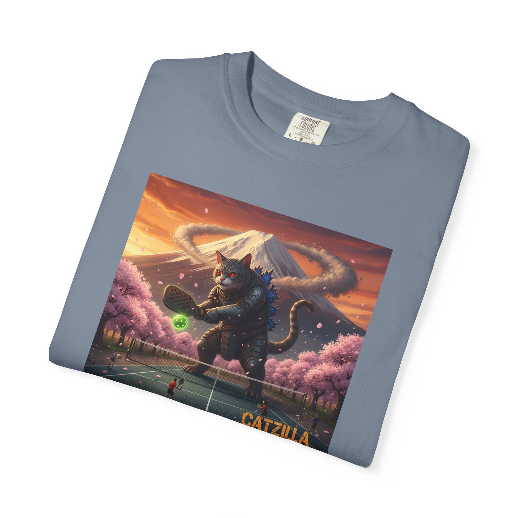 Catzilla Pickleball Destroyer T-shirt | Kaiju Cat Samurai, Mount Fuji Cherry Blossoms