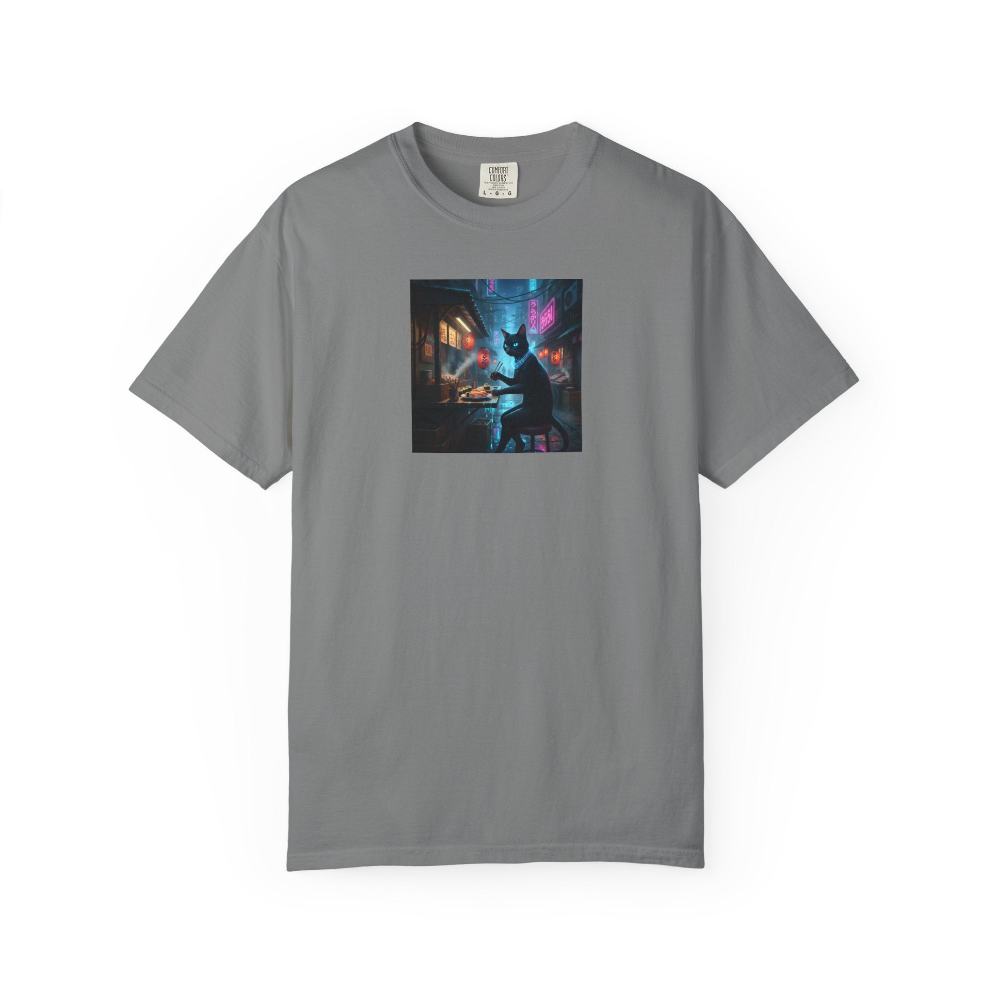 Cyberpunk Cat Sushi T-shirt | Neon Japan Noir
