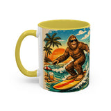 Surfing Bigfoot Mug | Retro Beach Sunset Bigfoot Wave Coffee Cup