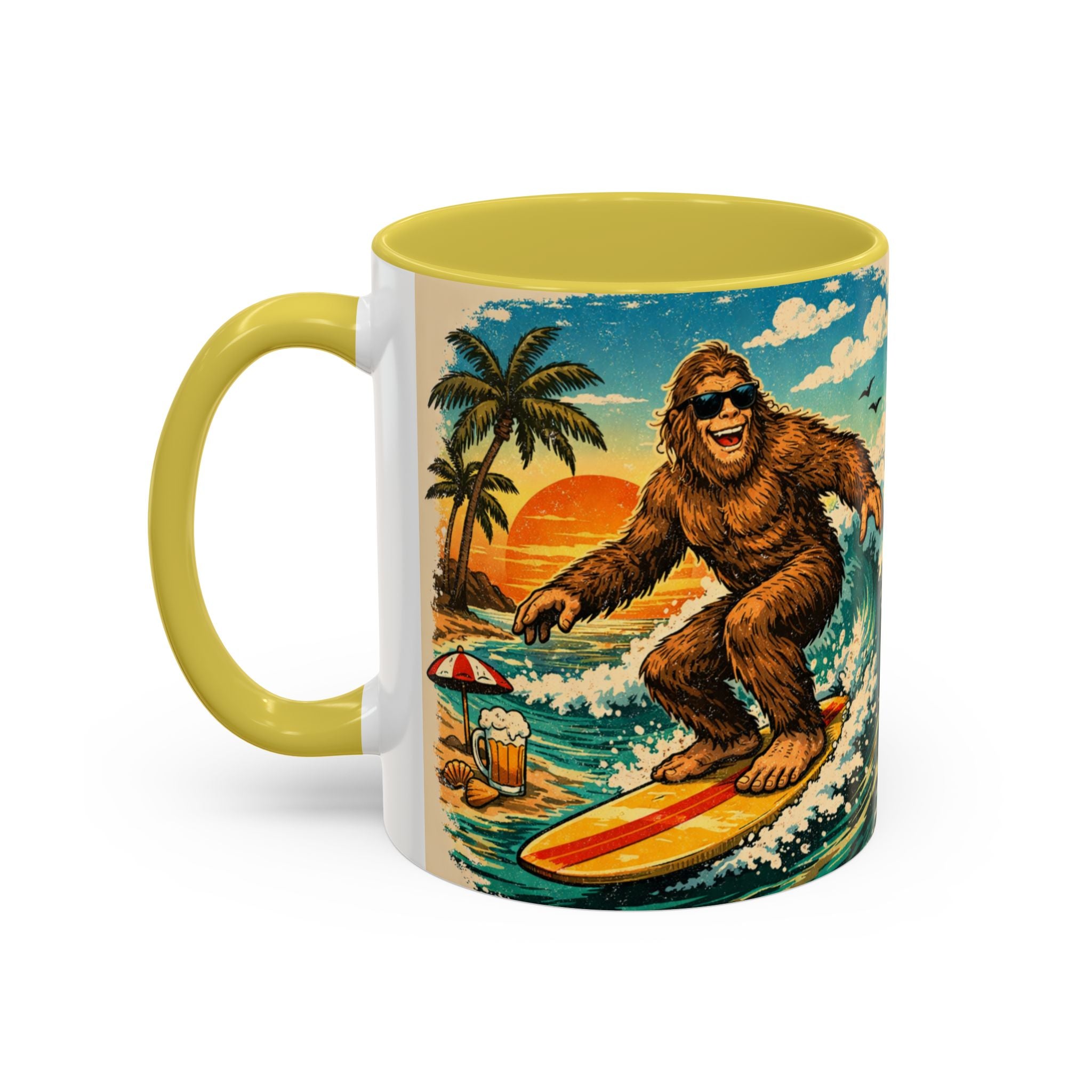 Surfing Bigfoot Mug | Retro Beach Sunset Bigfoot Wave Coffee Cup