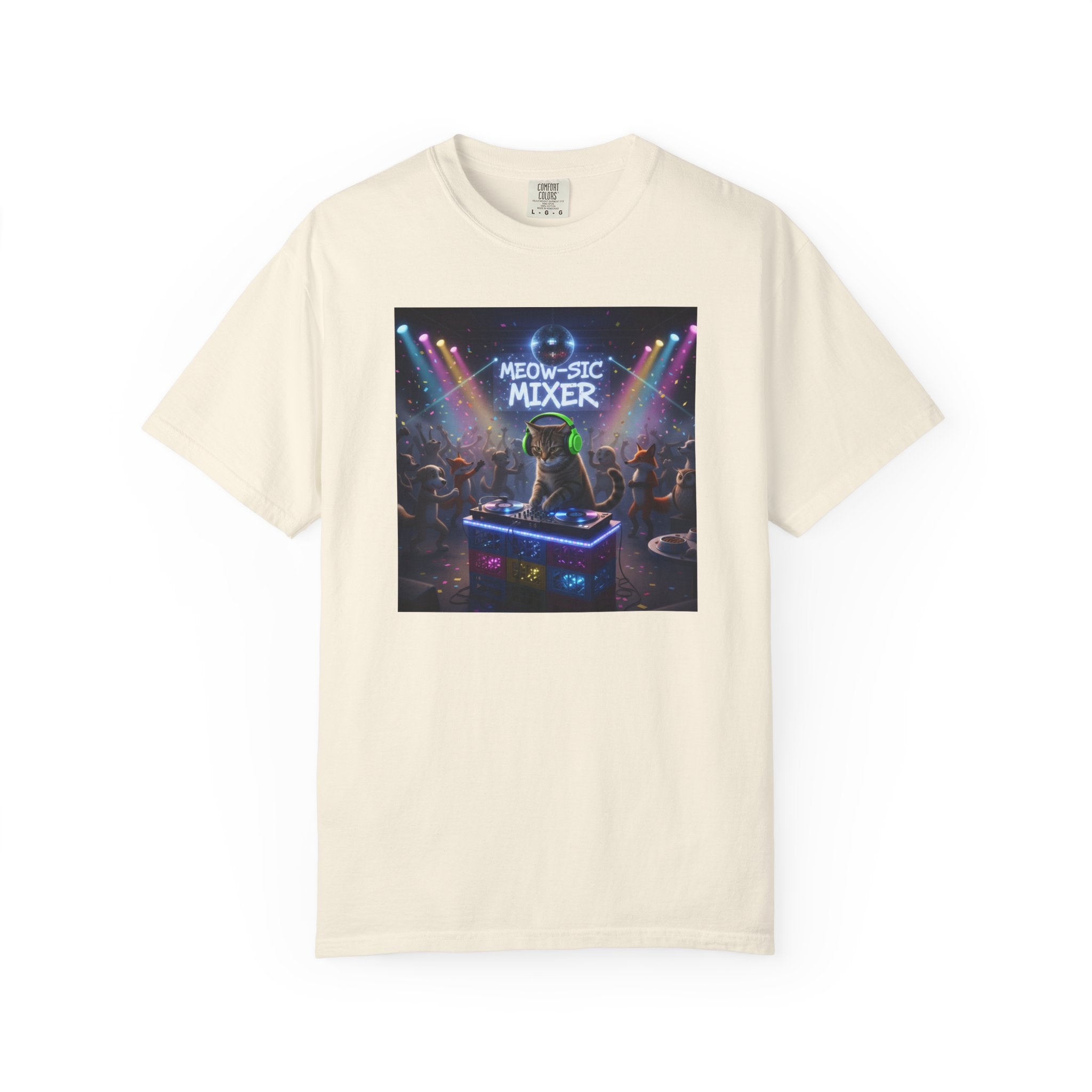 Melodic Mixer DJ Cat T-shirt | Neon Retro Music Party