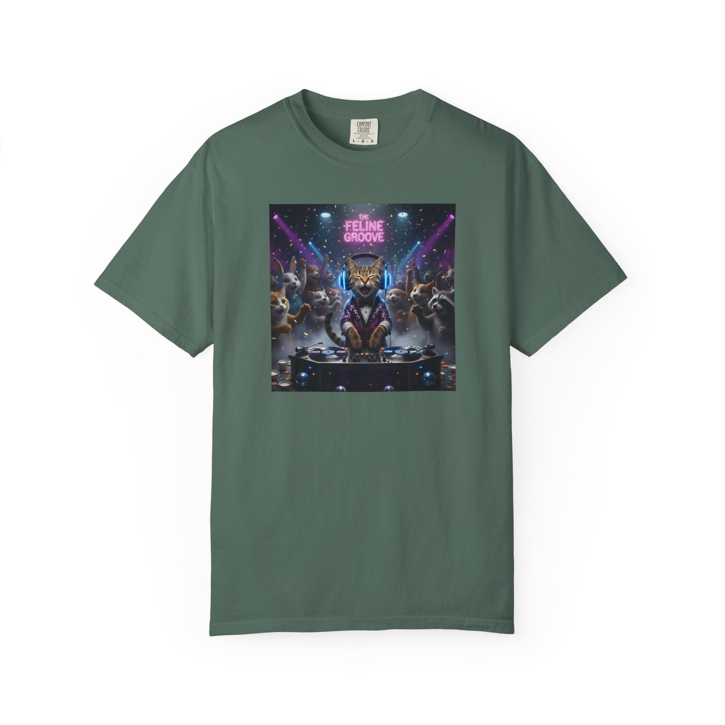 Feline Groove DJ Cat Illustration T-Shirt | Retro Neon Club Scene