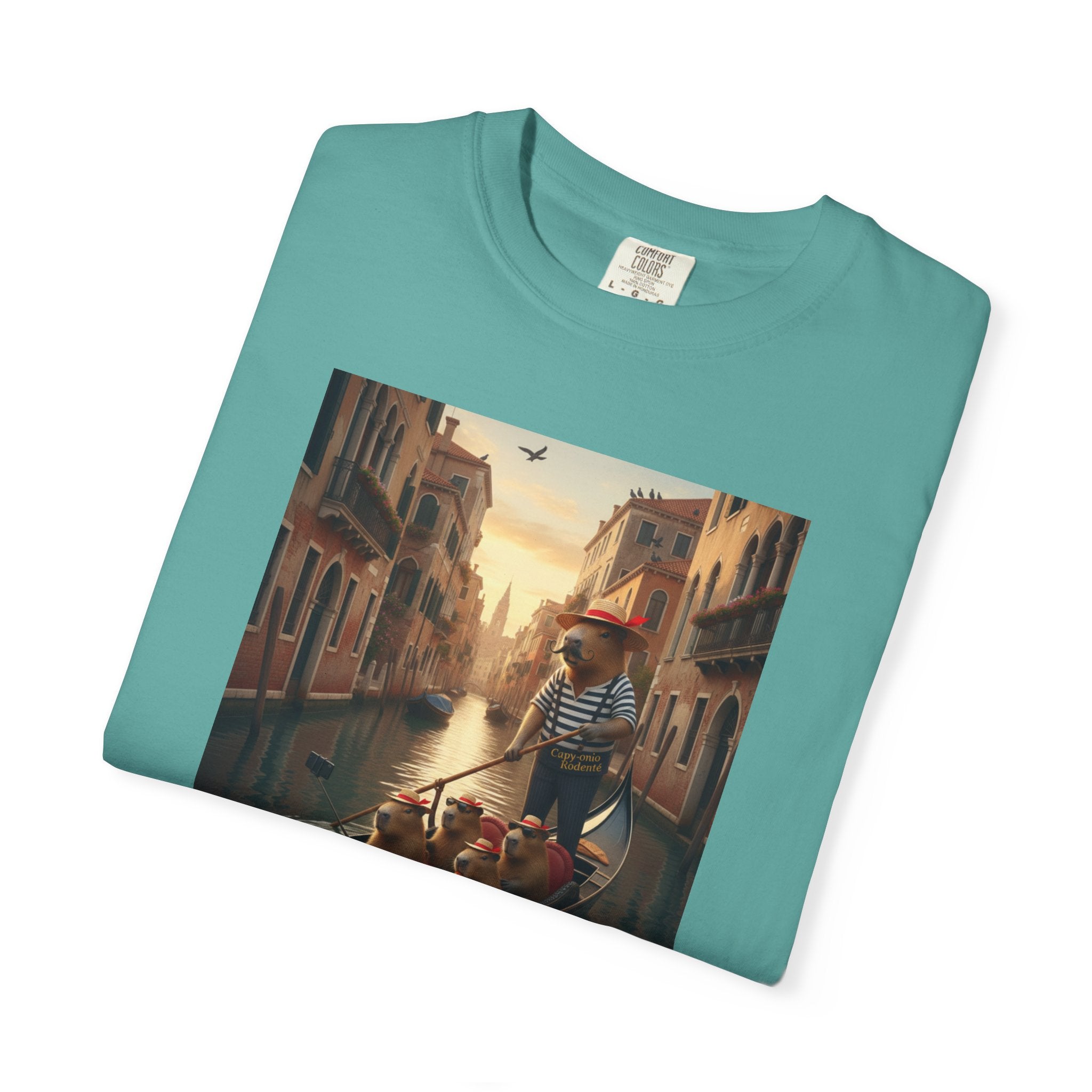 Capybara Venice Gondola Sunset T-shirt | Scenic Canal Travel Art