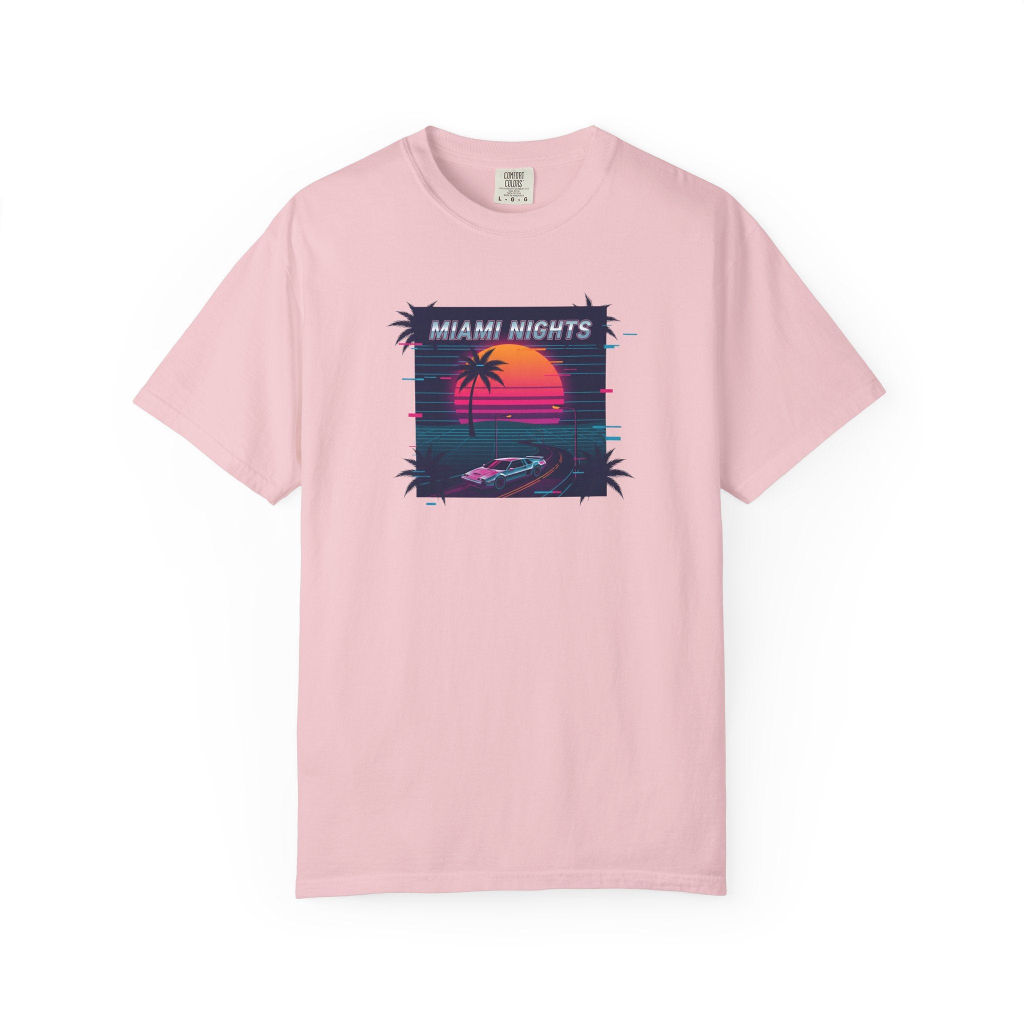 Miami Nights Sunset Palm T-shirt | Retro Vaporwave Beach Scene