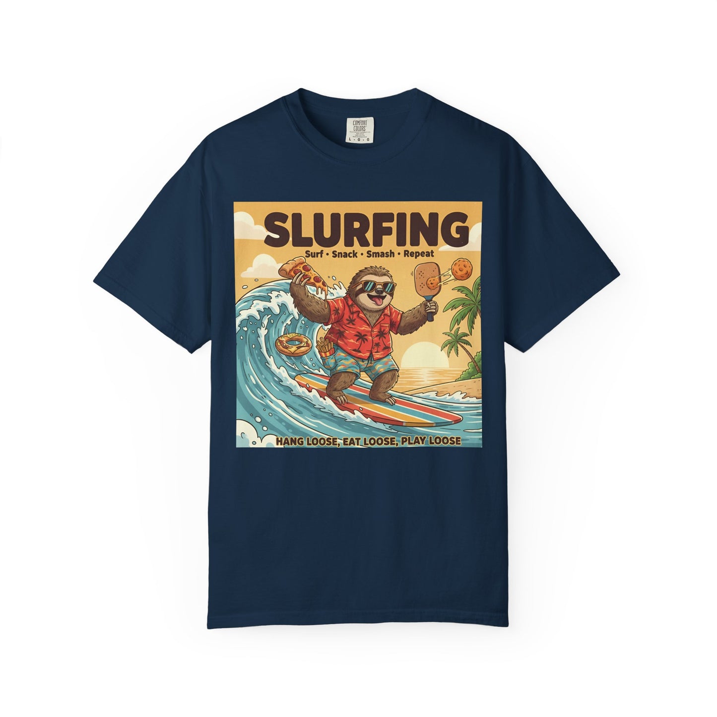 Slurfing Surfing Sloth T-Shirt | Retro Beach Wave Illustration