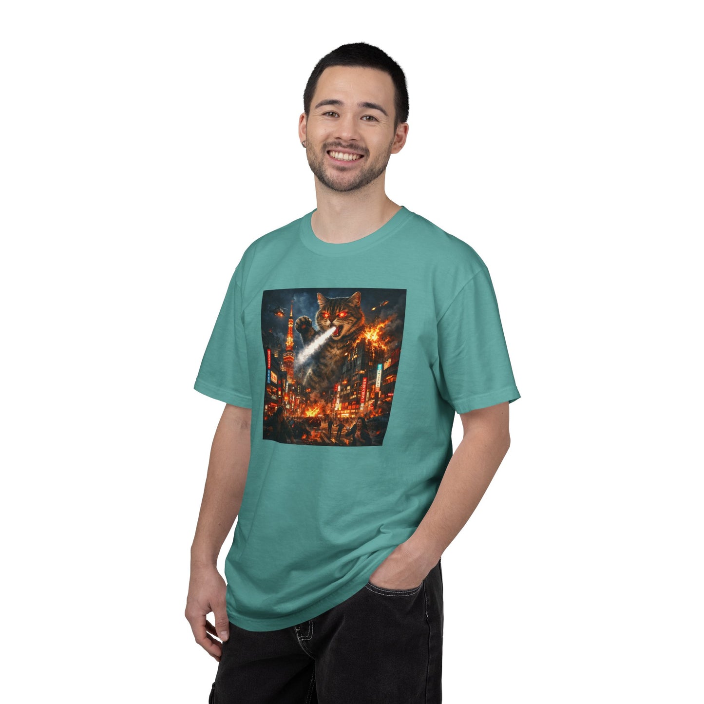 Giant Catzilla Kaiju Rampage T-Shirt | Neon City Monster Battle