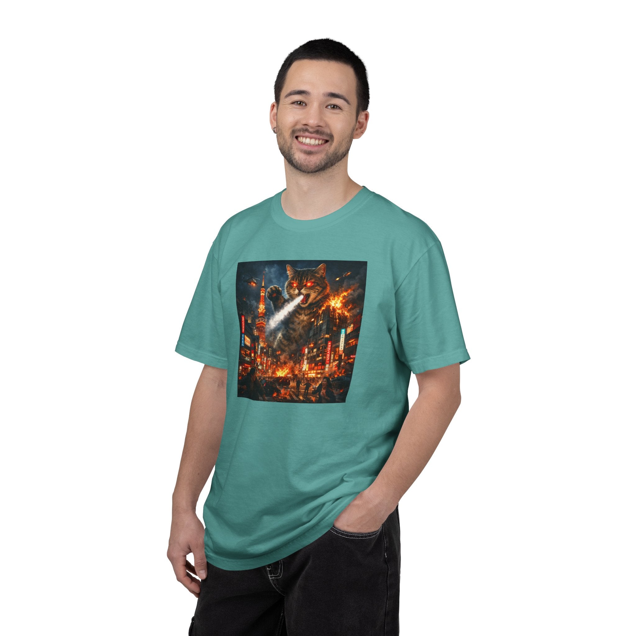 Giant Catzilla Kaiju Rampage T-Shirt | Neon City Monster Battle