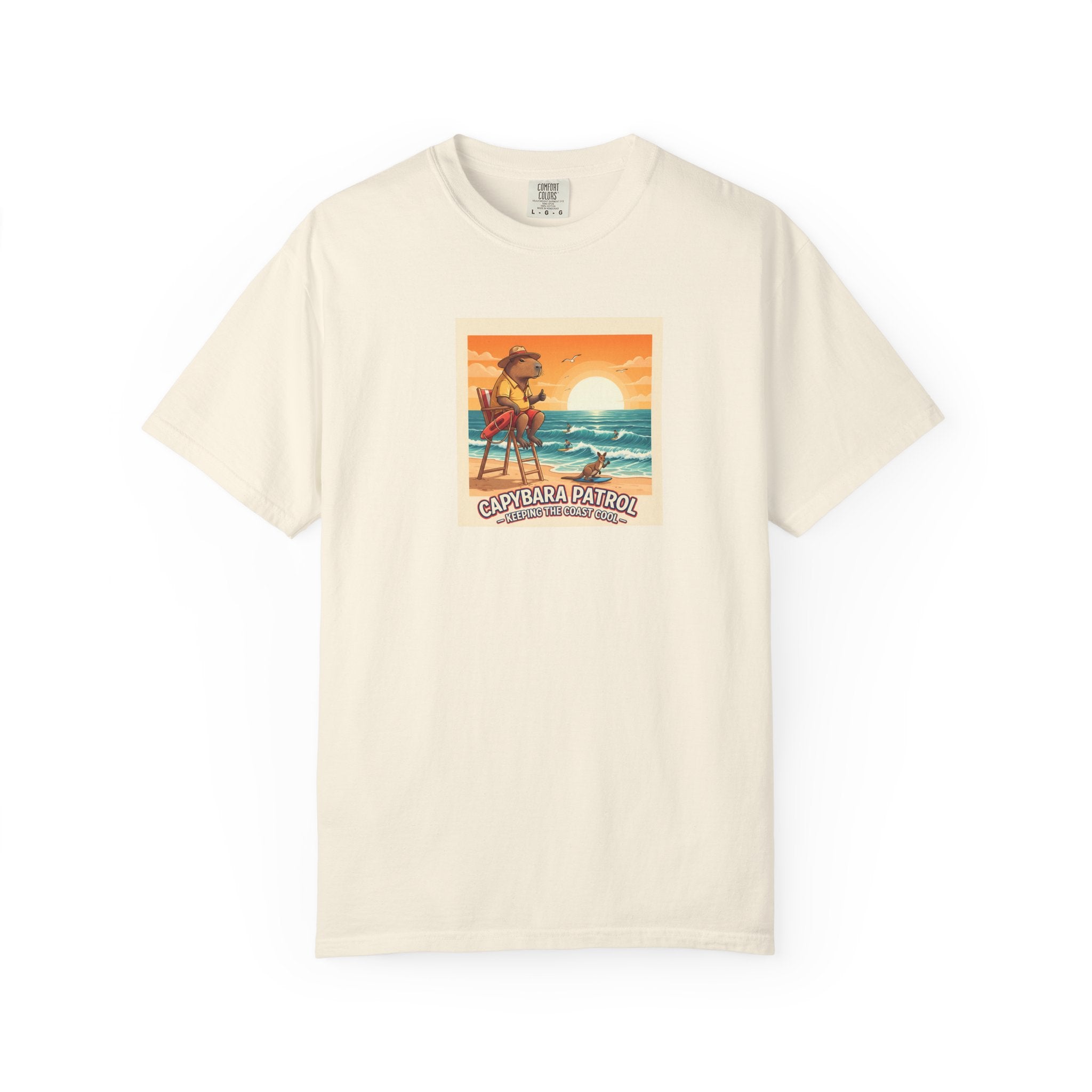 Capybara Patrol Sunset Surfing Capybara T-Shirt | Retro Beach Vibes
