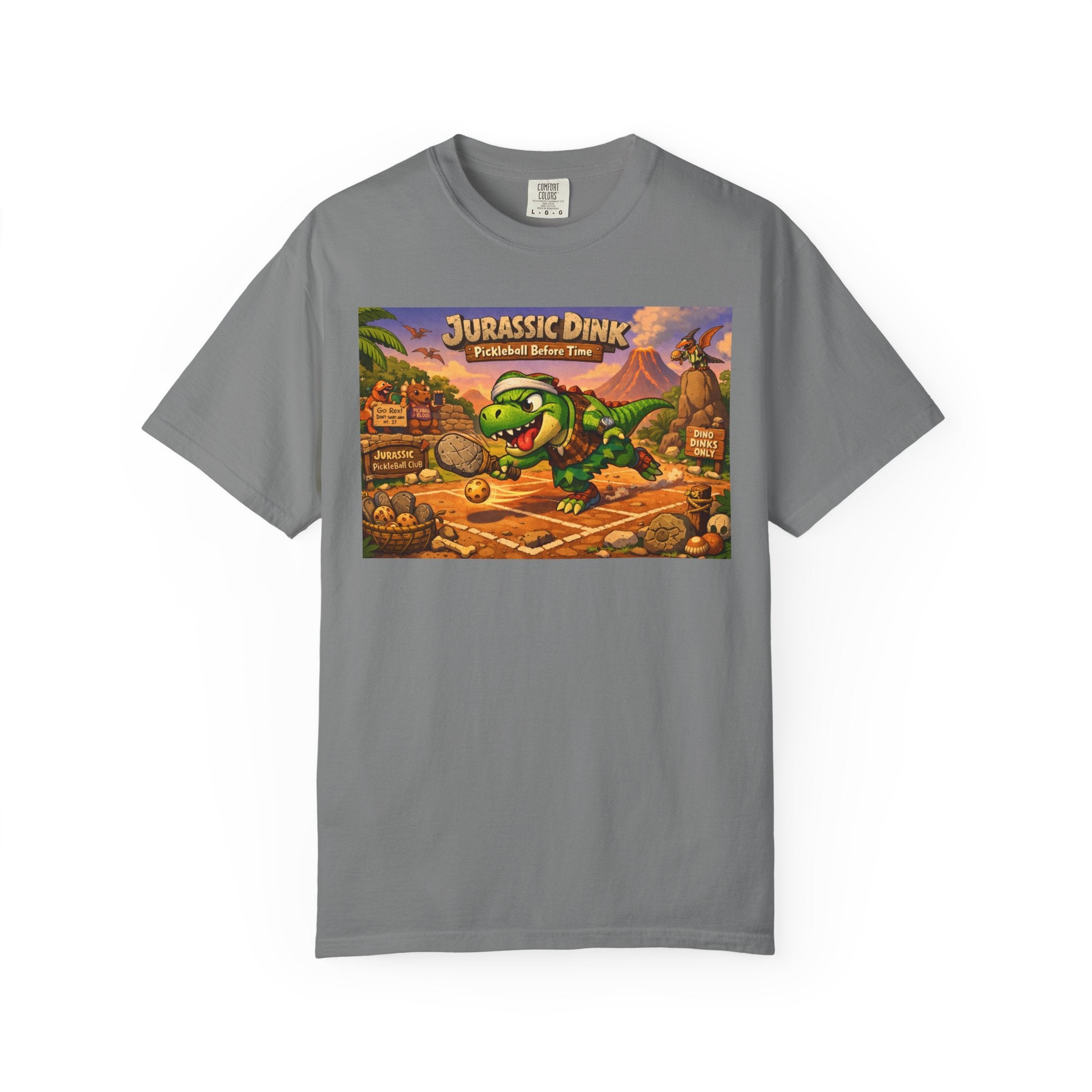 Jurassic Dink Pickleball Dinosaur Arcade Poster T-Shirt | Retro Video Game Shirt