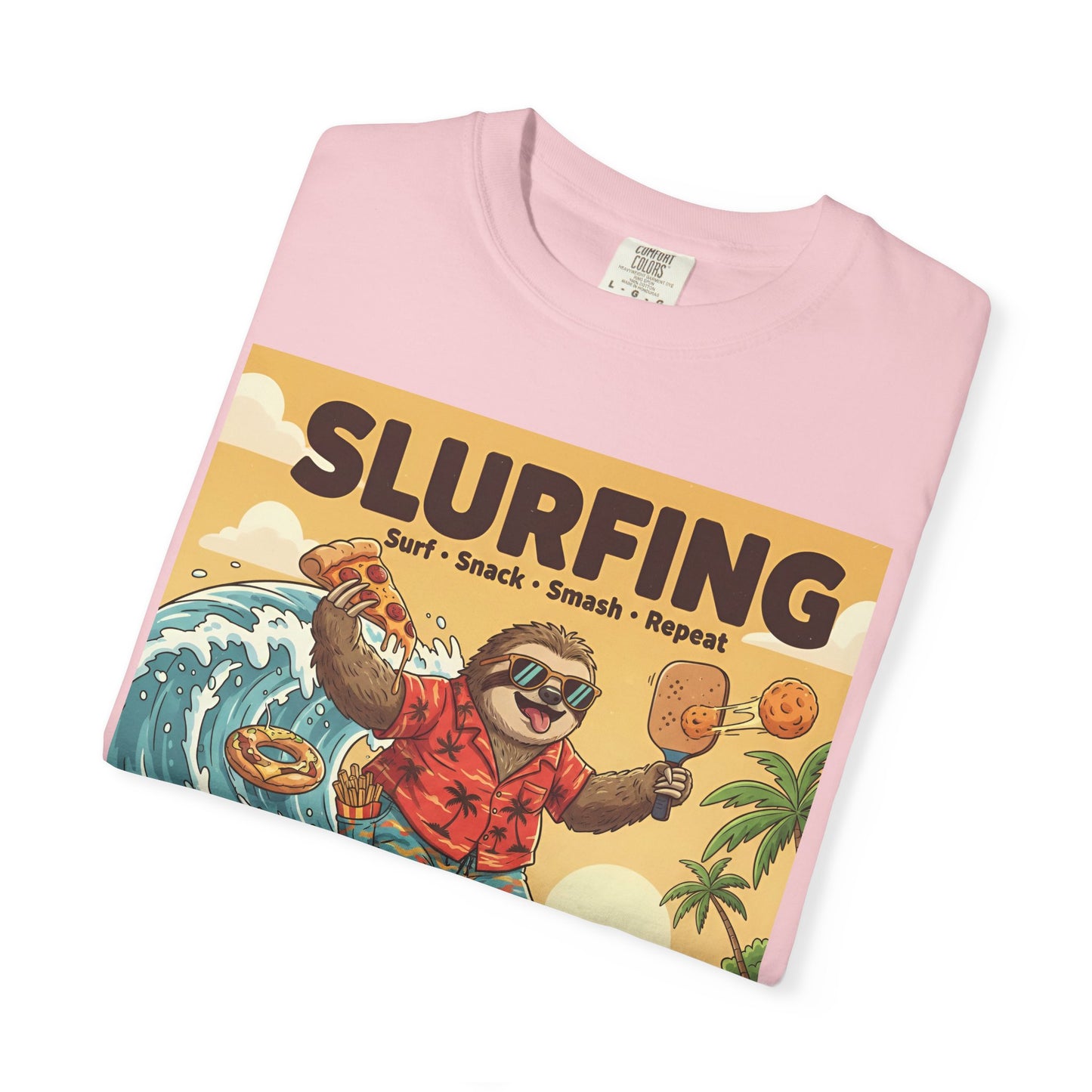 Slurfing Surfing Sloth T-Shirt | Retro Beach Wave Illustration