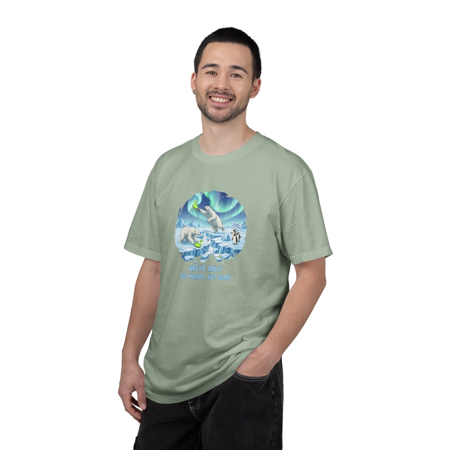 Arctic Rally Polar Bears Playing Pickleball T-Shirt | Northern Lights Illustration