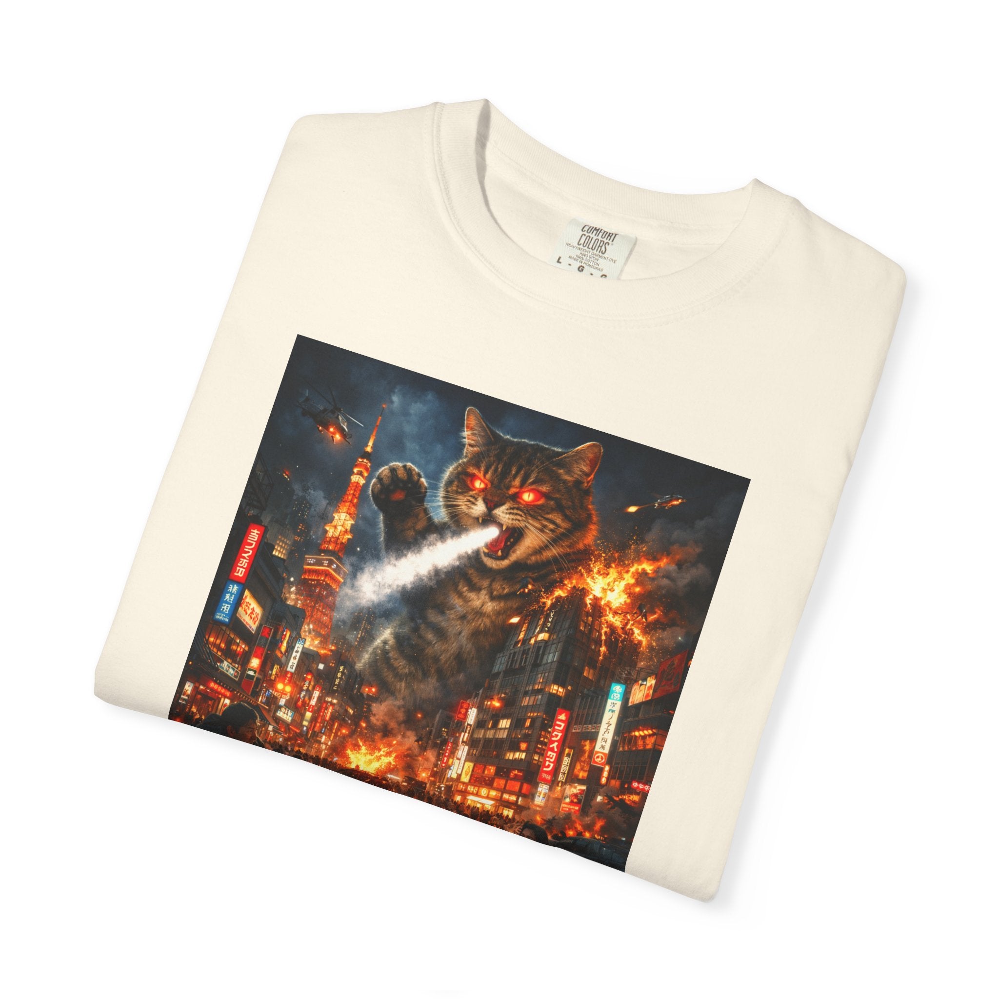 Giant Catzilla Kaiju Rampage T-Shirt | Neon City Monster Battle