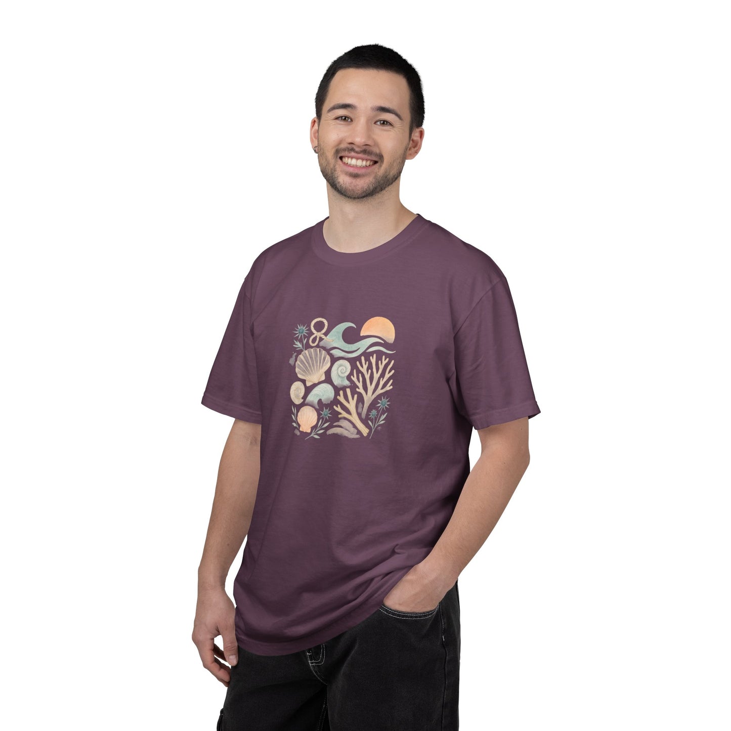 Coastal Seashells and Coral T-Shirt | Beach Wave Sunset Art