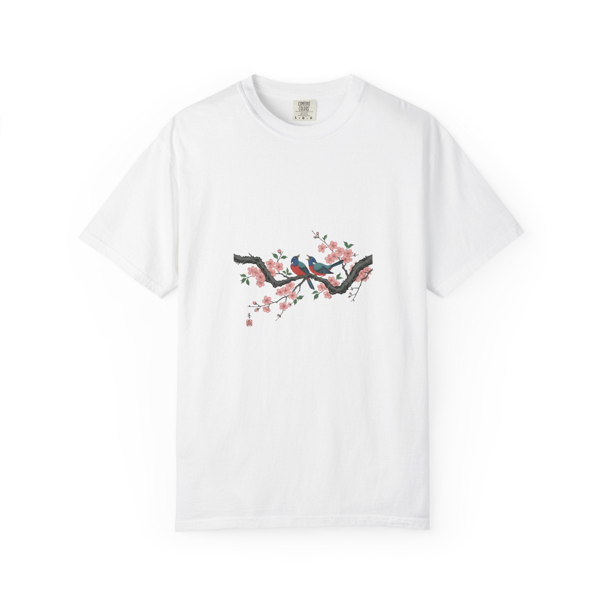 Birds on Cherry Blossom Branch T-Shirt | Japanese Floral Illustration