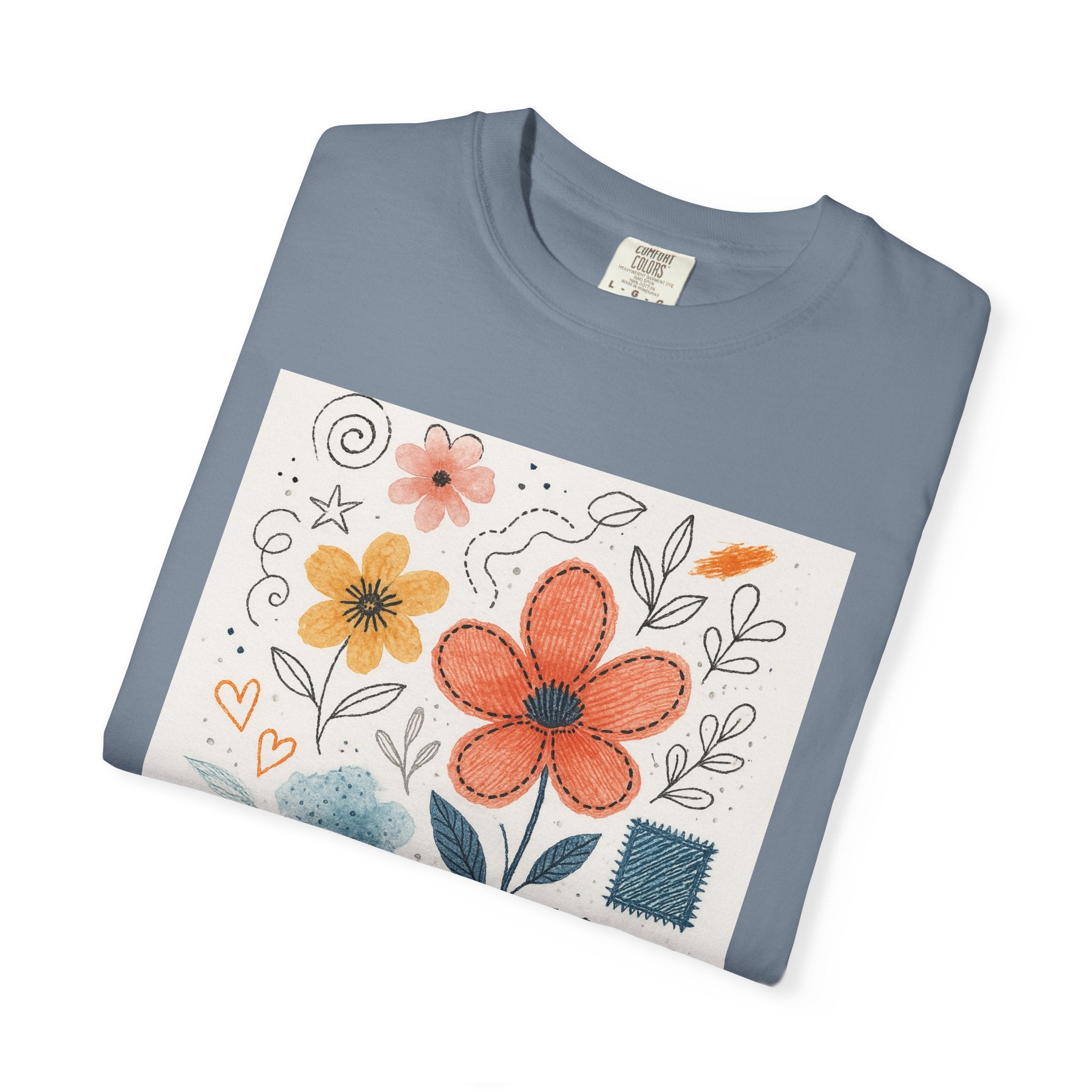 Hand-drawn Watercolor Floral Doodles T-shirt | Linocut & Embroidery Texture
