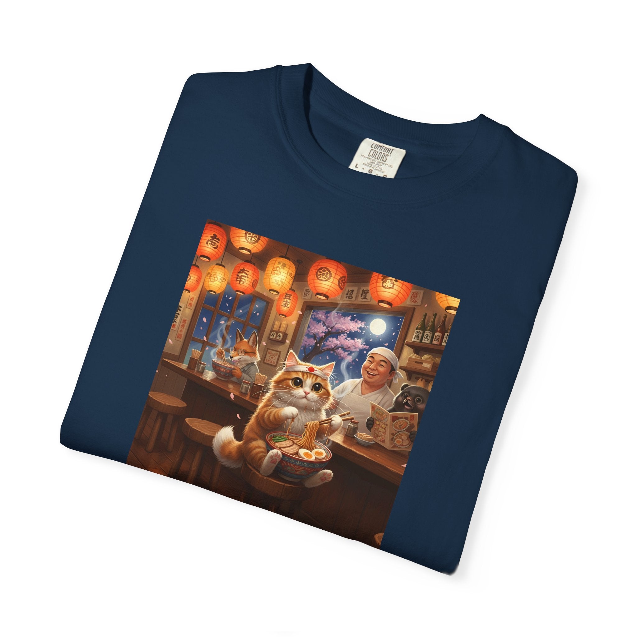 Whiskers and the Wondrous Noodles Cat Bar Ramen Scene T-shirt | Cozy Pub Cat Illustration