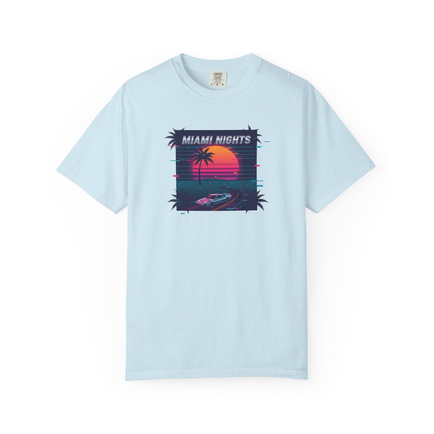 Miami Nights Sunset Palm T-shirt | Retro Vaporwave Beach Scene