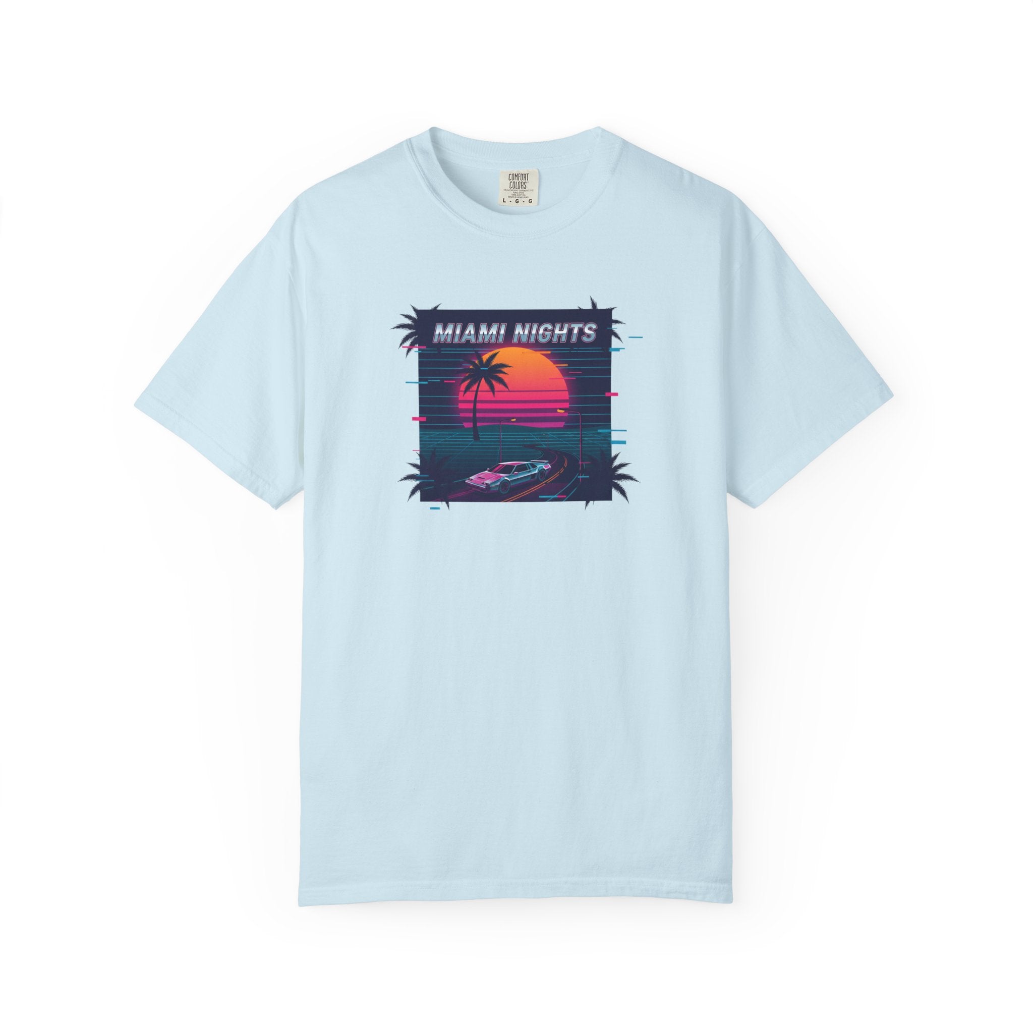 Miami Nights Sunset Palm T-shirt | Retro Vaporwave Beach Scene