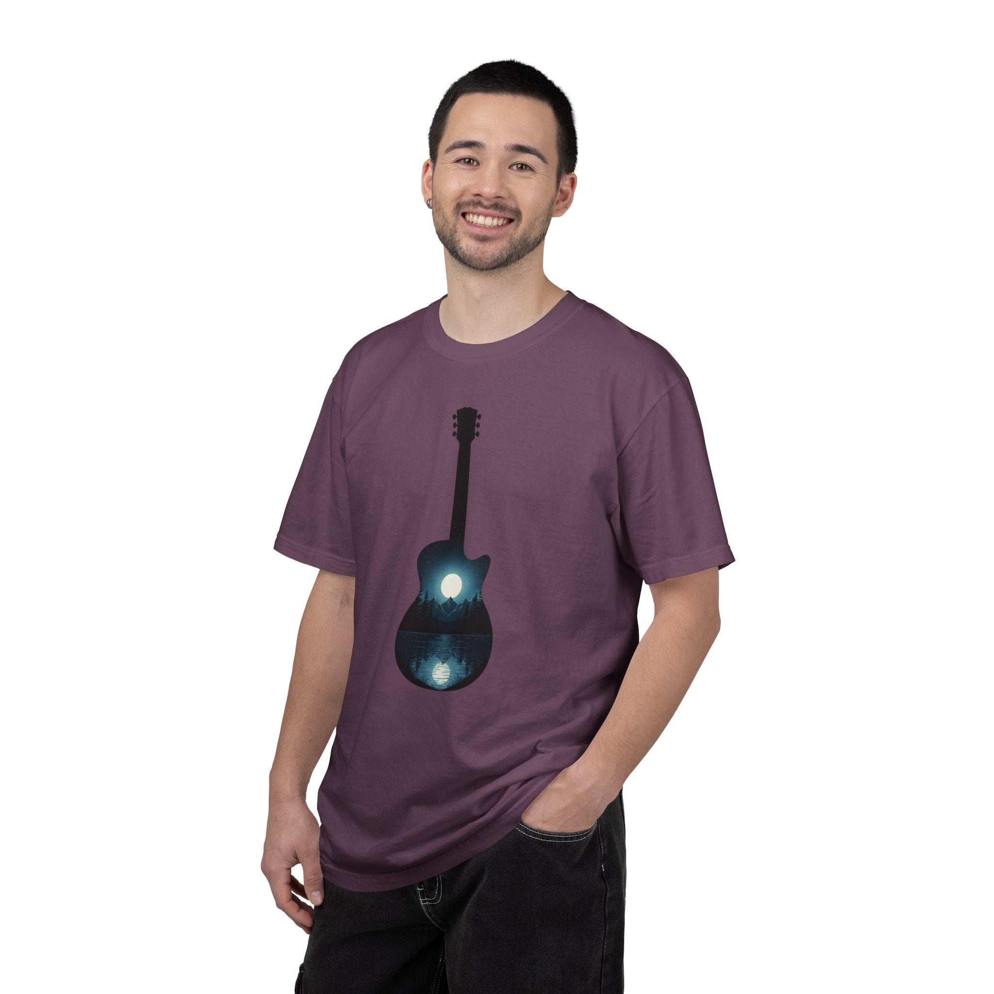 Moonlit Acoustic Guitar T-Shirt | Night Sky Guitar Silhouette