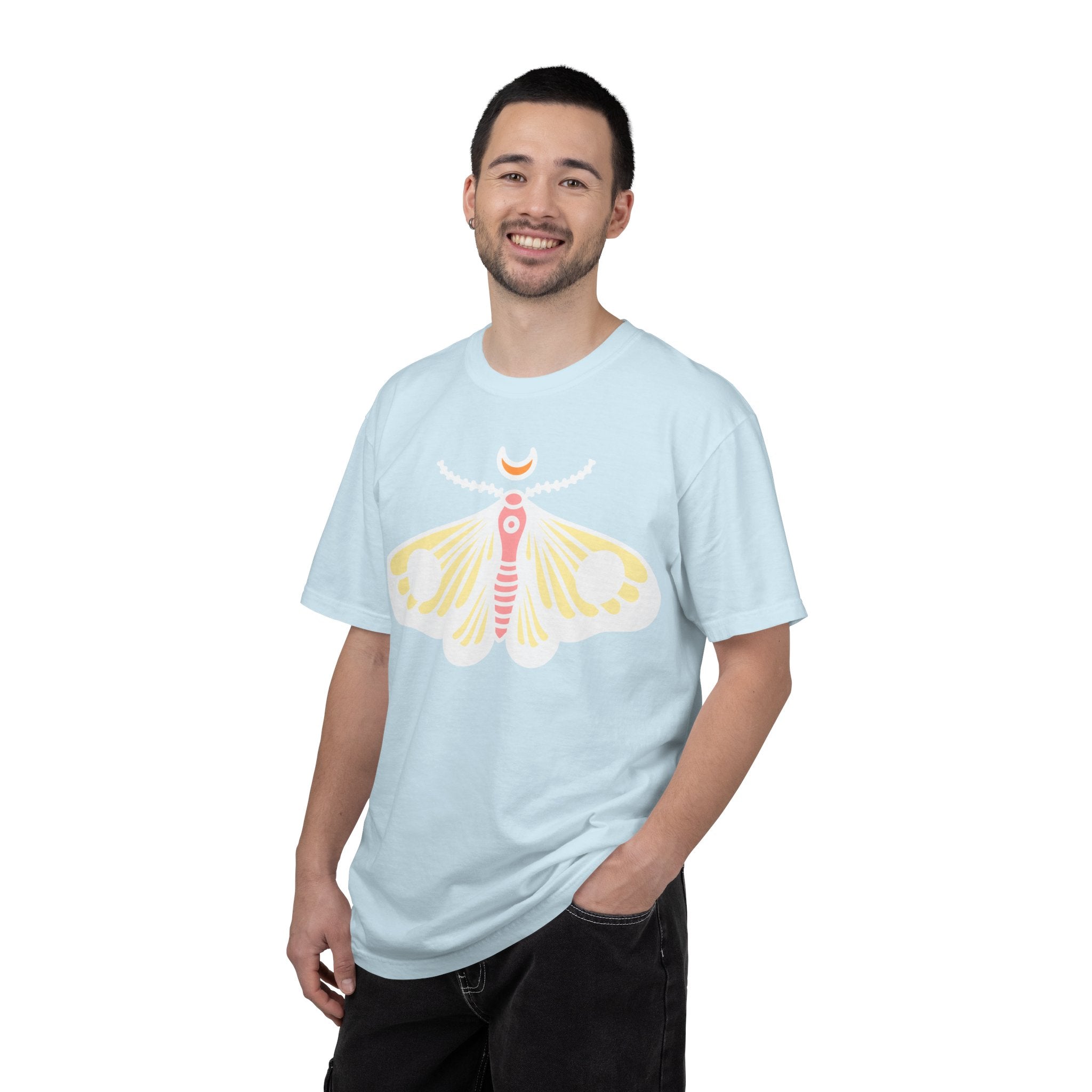 Celestial Moth T-shirt | Pink Yellow Moth with Crescent Moon