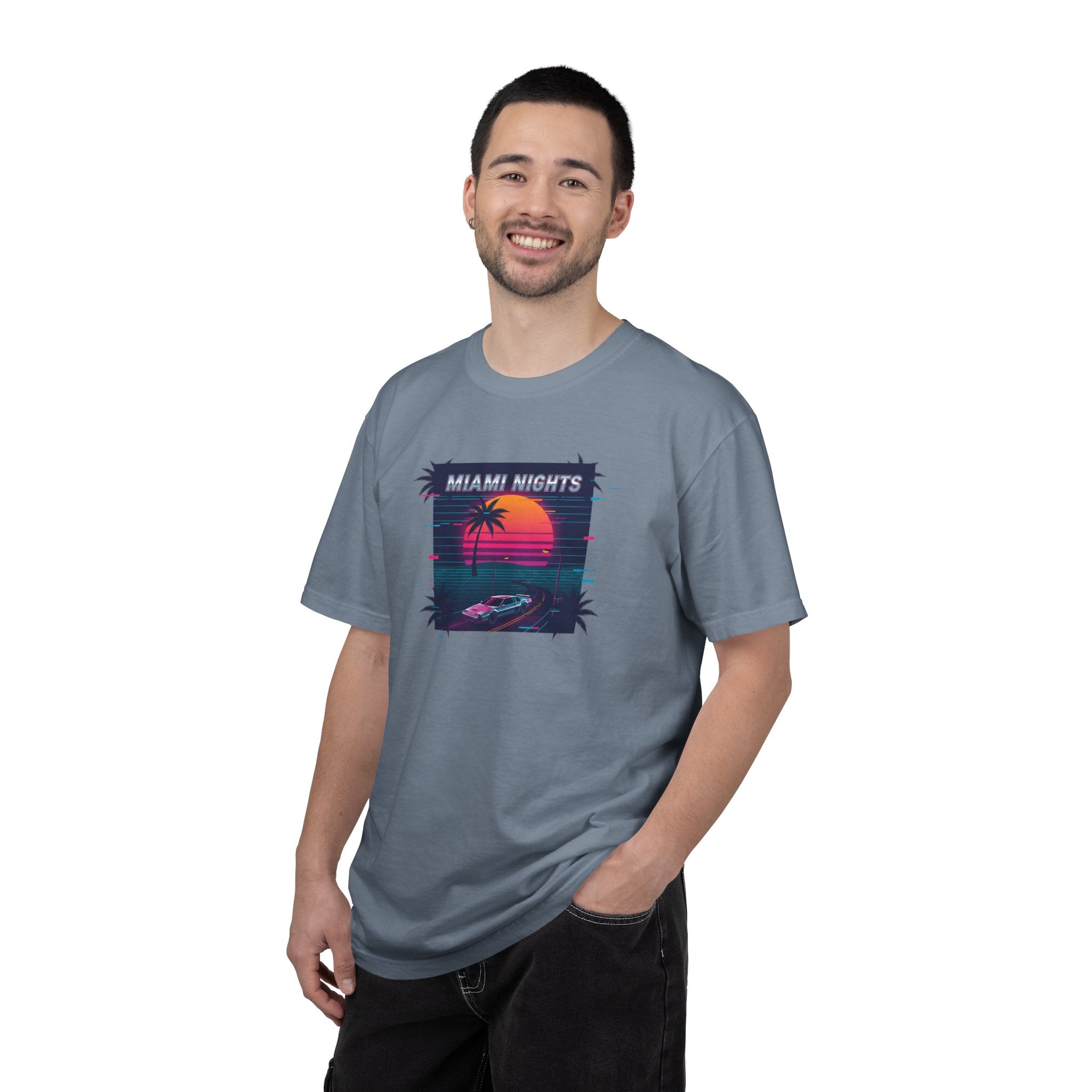 Miami Nights Sunset Palm T-shirt | Retro Vaporwave Beach Scene