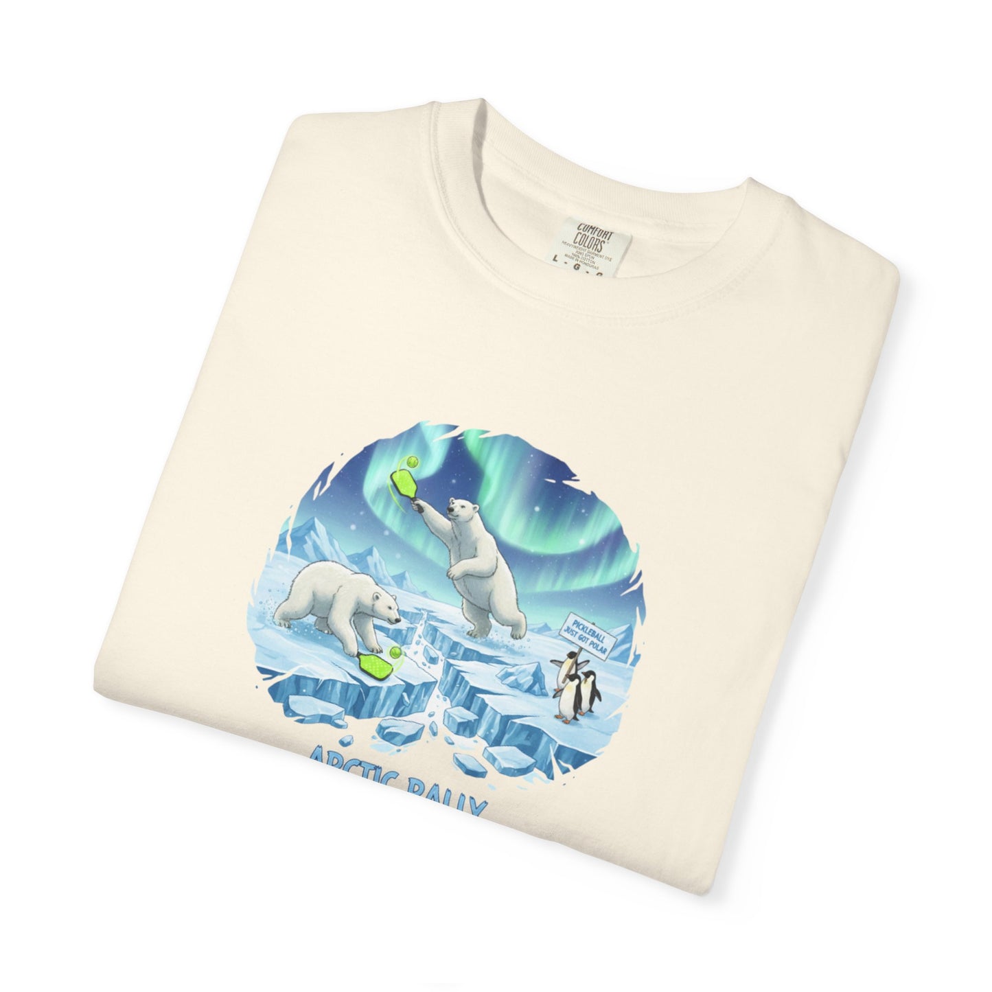 Arctic Rally Polar Bears Playing Pickleball T-Shirt | Northern Lights Illustration