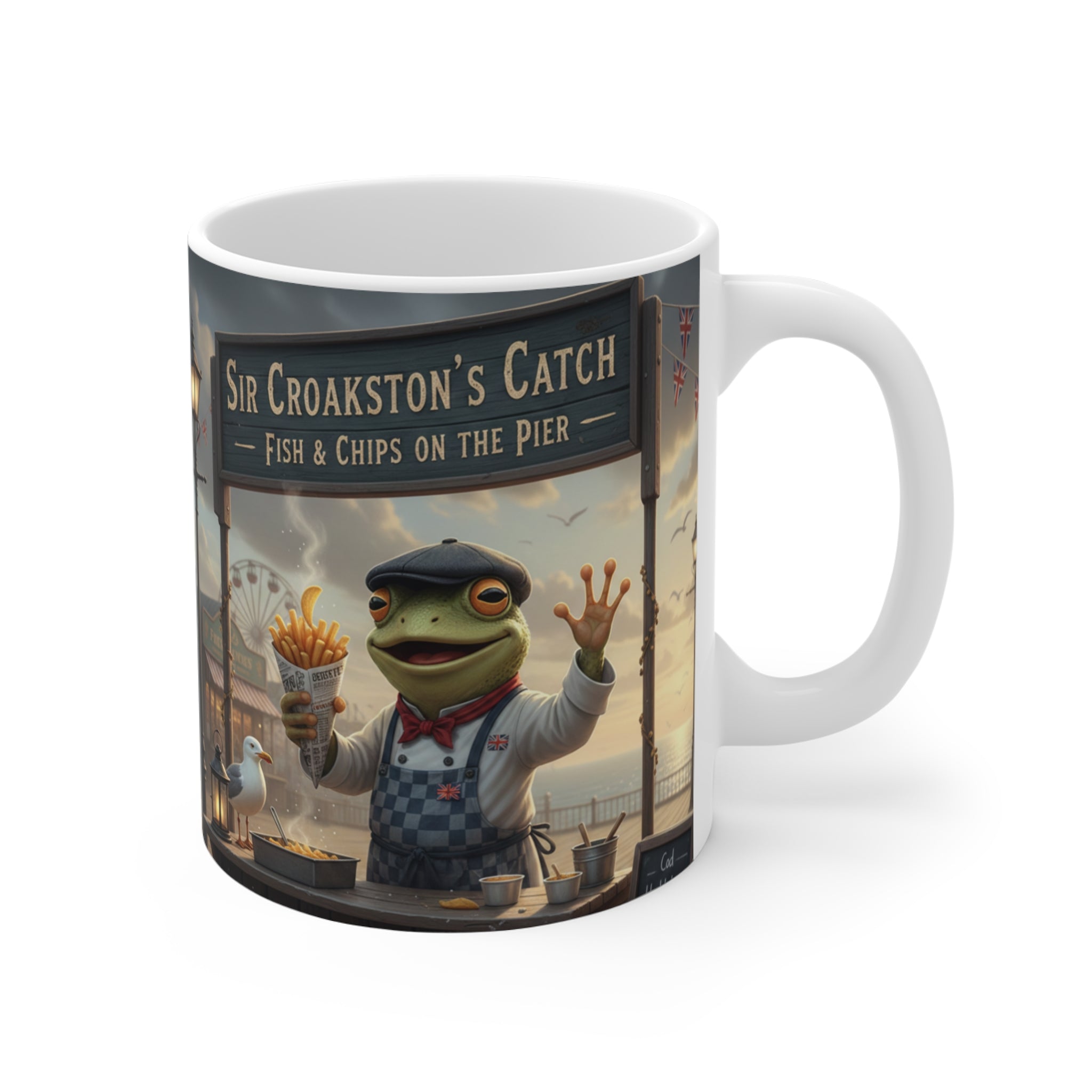 Sir Croakston's Catch Frog Fish and Chips Mug | Whimsical Seaside Illustration