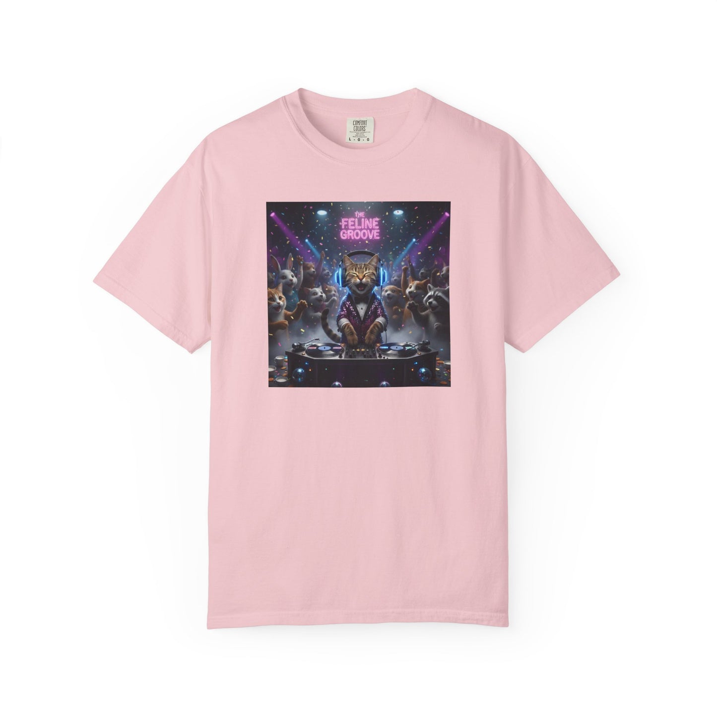 Feline Groove DJ Cat Illustration T-Shirt | Retro Neon Club Scene