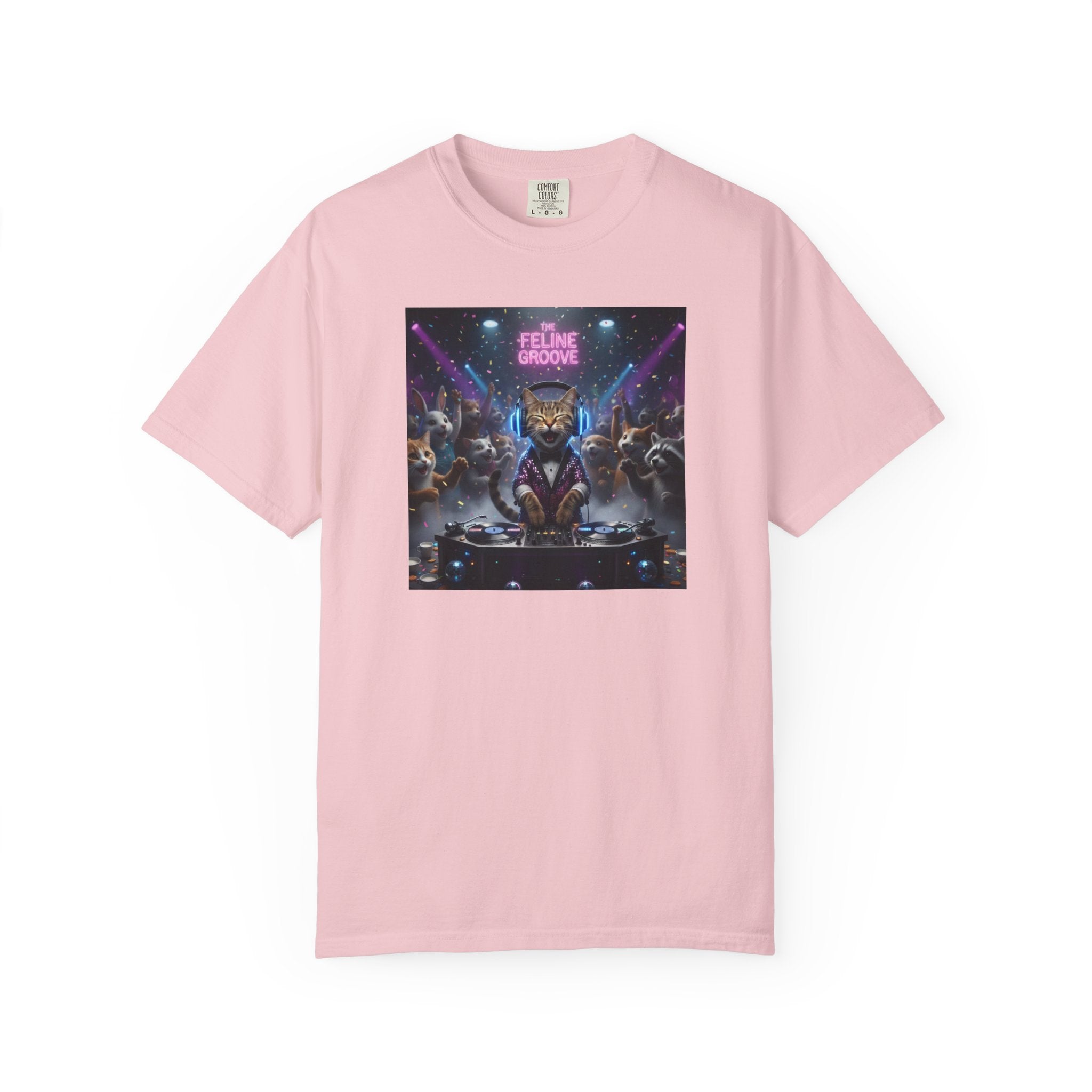 Feline Groove DJ Cat Illustration T-Shirt | Retro Neon Club Scene