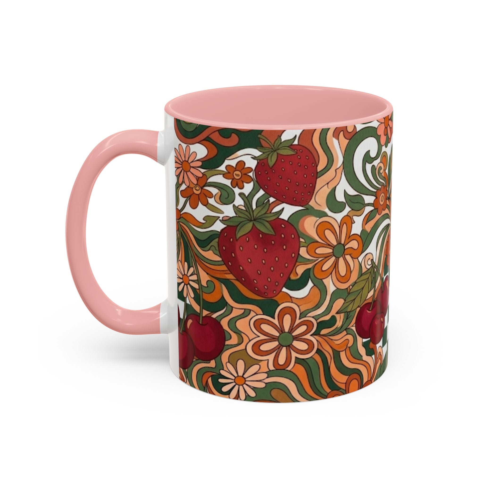 Vintage Cherry Strawberry Pattern Accent Mug | 11oz 15oz
