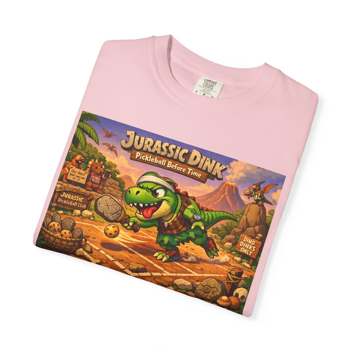 Jurassic Dink Pickleball Dinosaur Arcade Poster T-Shirt | Retro Video Game Shirt