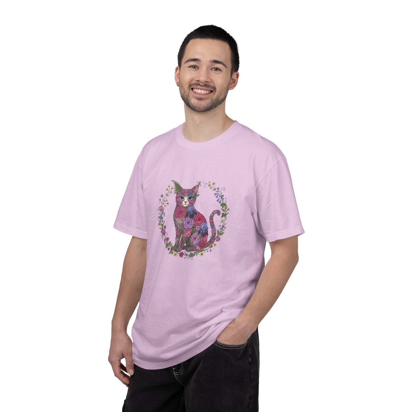 Floral Cat Illustration T-shirt | Botanical Kitty Circle Print