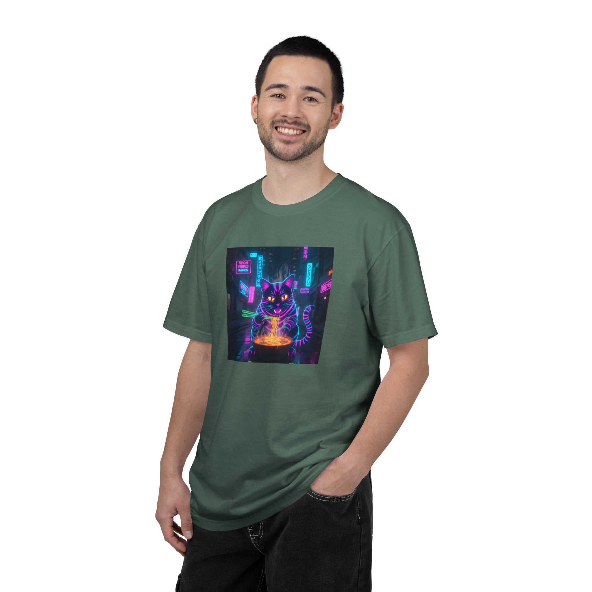 Neon Cyberpunk Cat Mystic Bowl T-shirt | Retro Futuristic Alley Art