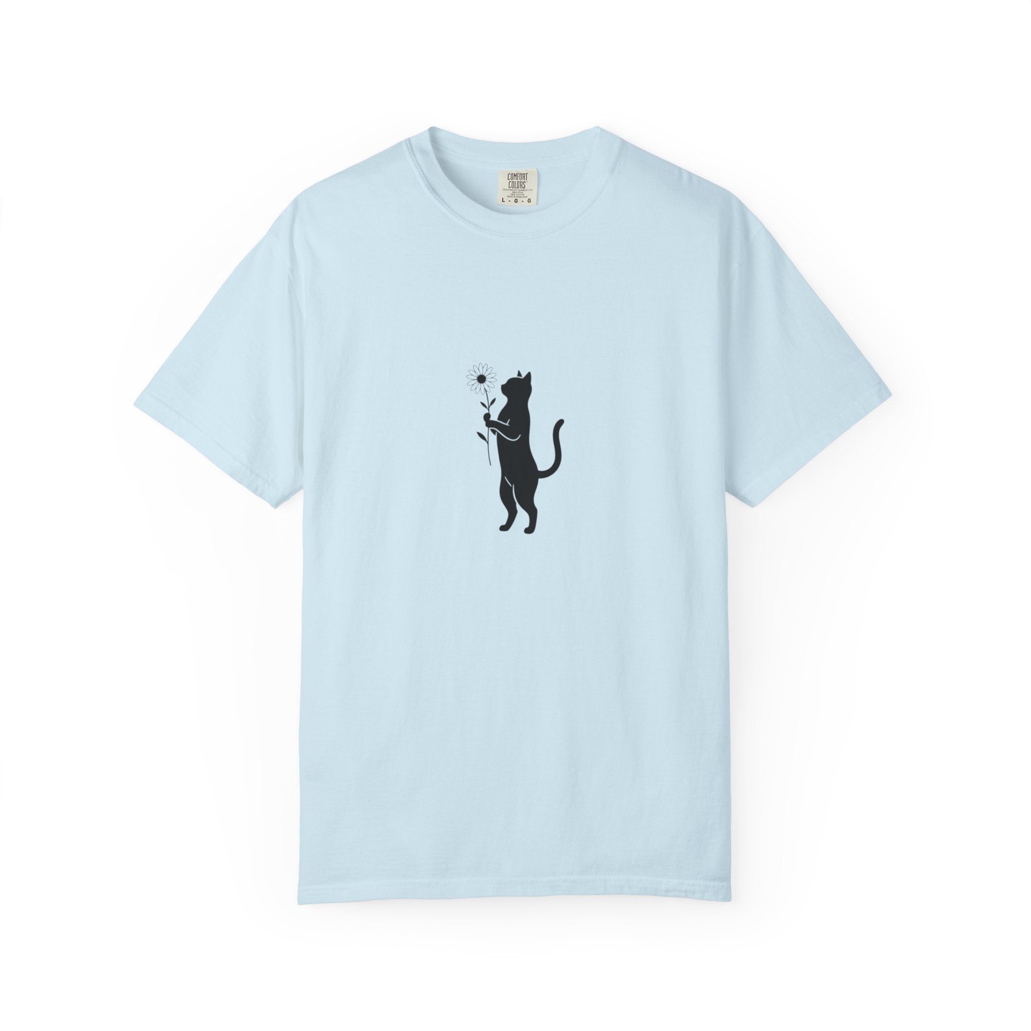 Black Cat Holding Flower T-Shirt | Minimal Cat Silhouette Tee
