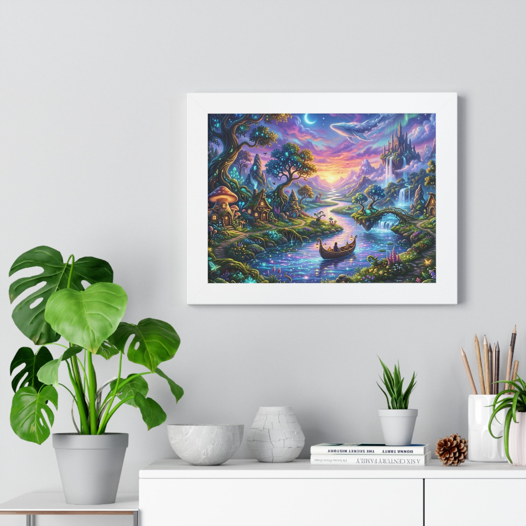 Celestial River Journey Digital Art Print - Whimsical Fantasy Landscape with Floating Castle, Glowing Forest