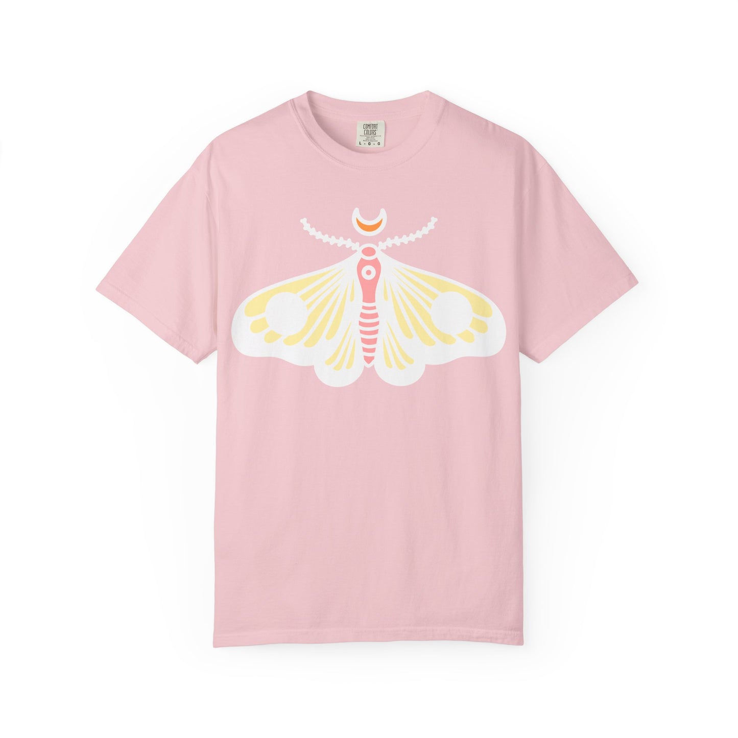 Celestial Moth T-shirt | Pink Yellow Moth with Crescent Moon