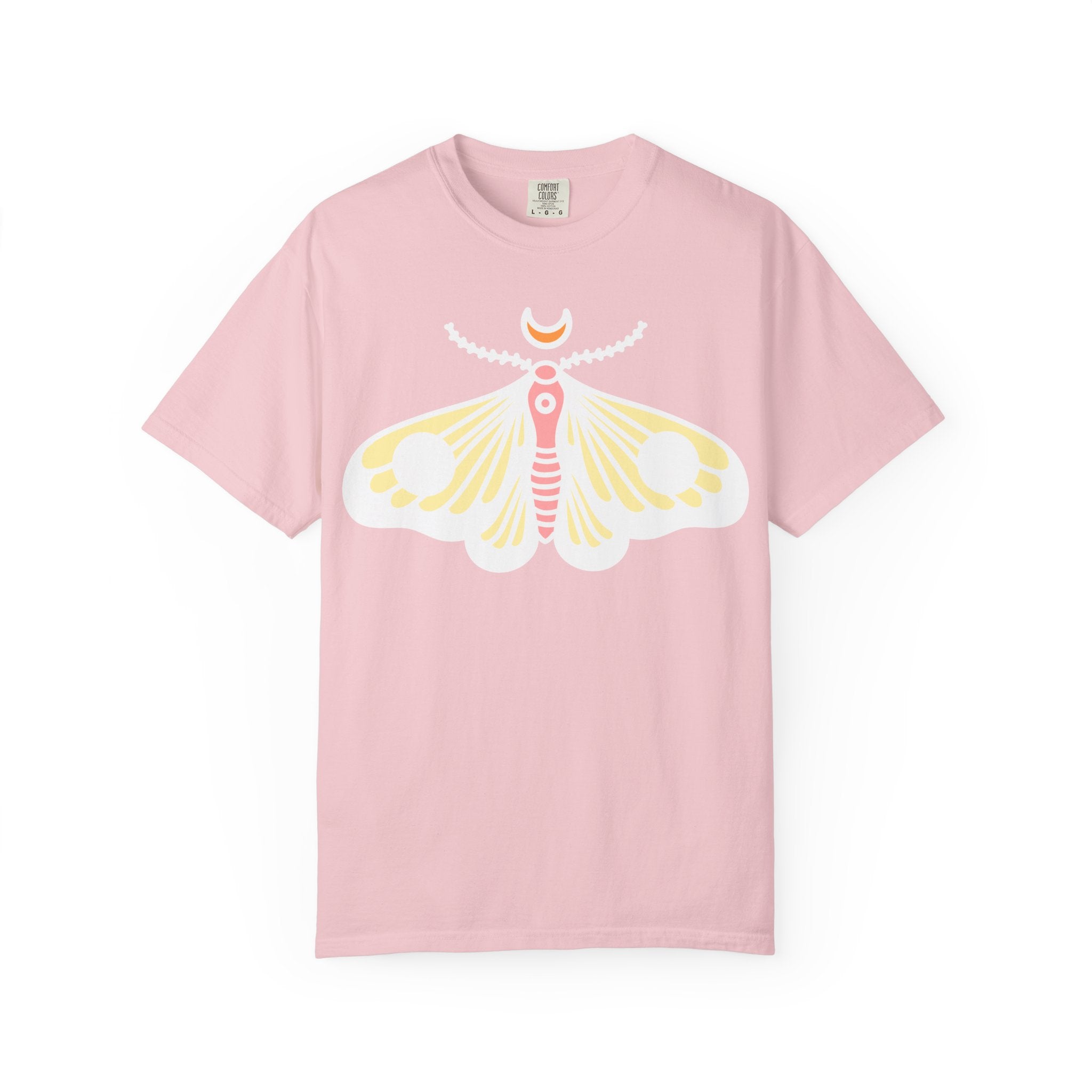 Celestial Moth T-shirt | Pink Yellow Moth with Crescent Moon