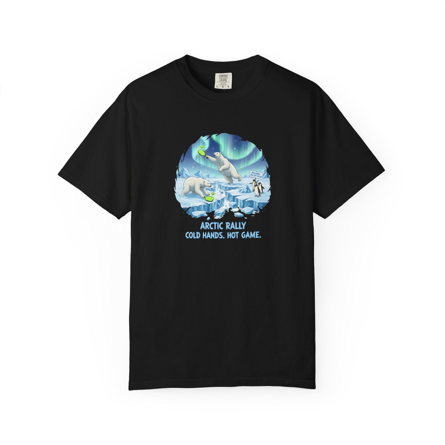 Arctic Rally Polar Bears Playing Pickleball T-Shirt | Northern Lights Illustration