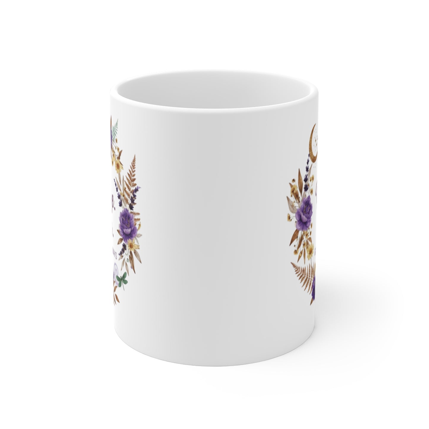 Sip Breathe Shine mug | Floral wreath, purple roses, celestial crescent