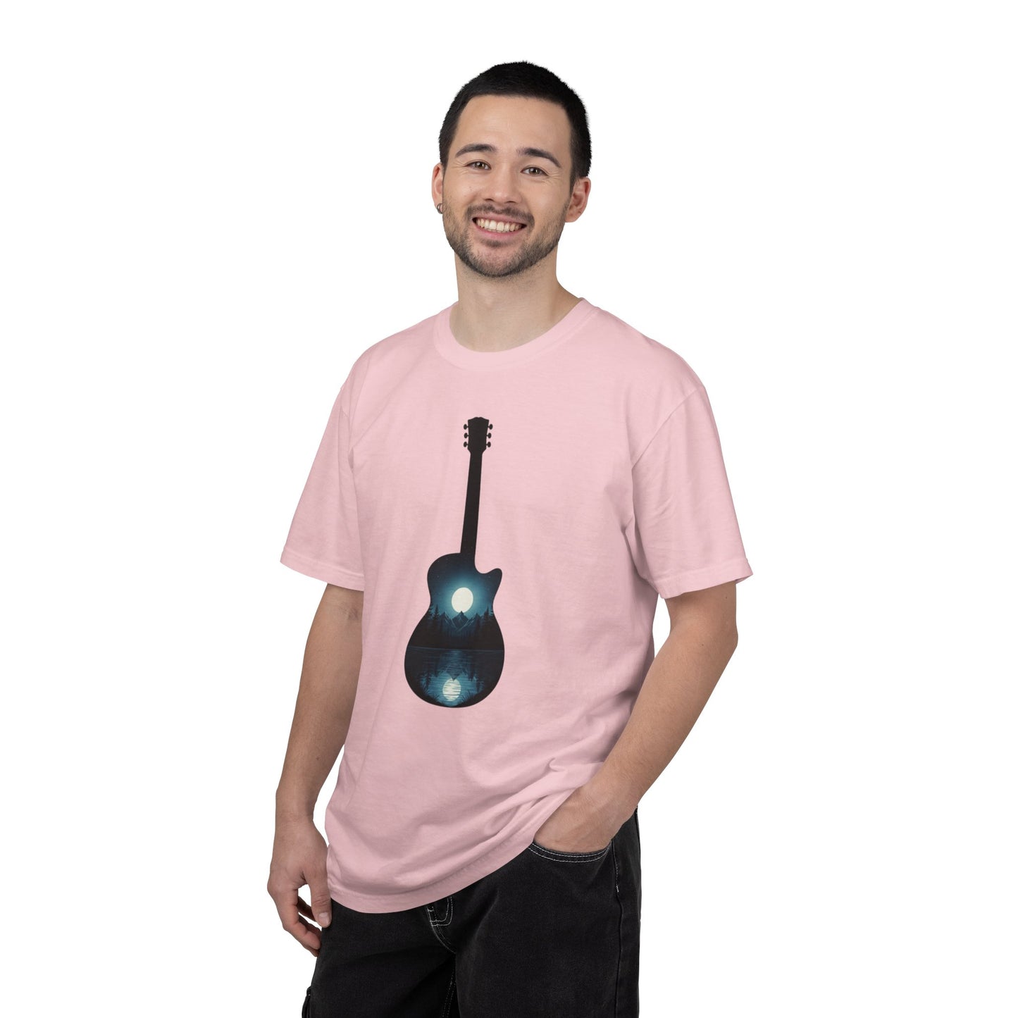 Moonlit Acoustic Guitar T-Shirt | Night Sky Guitar Silhouette