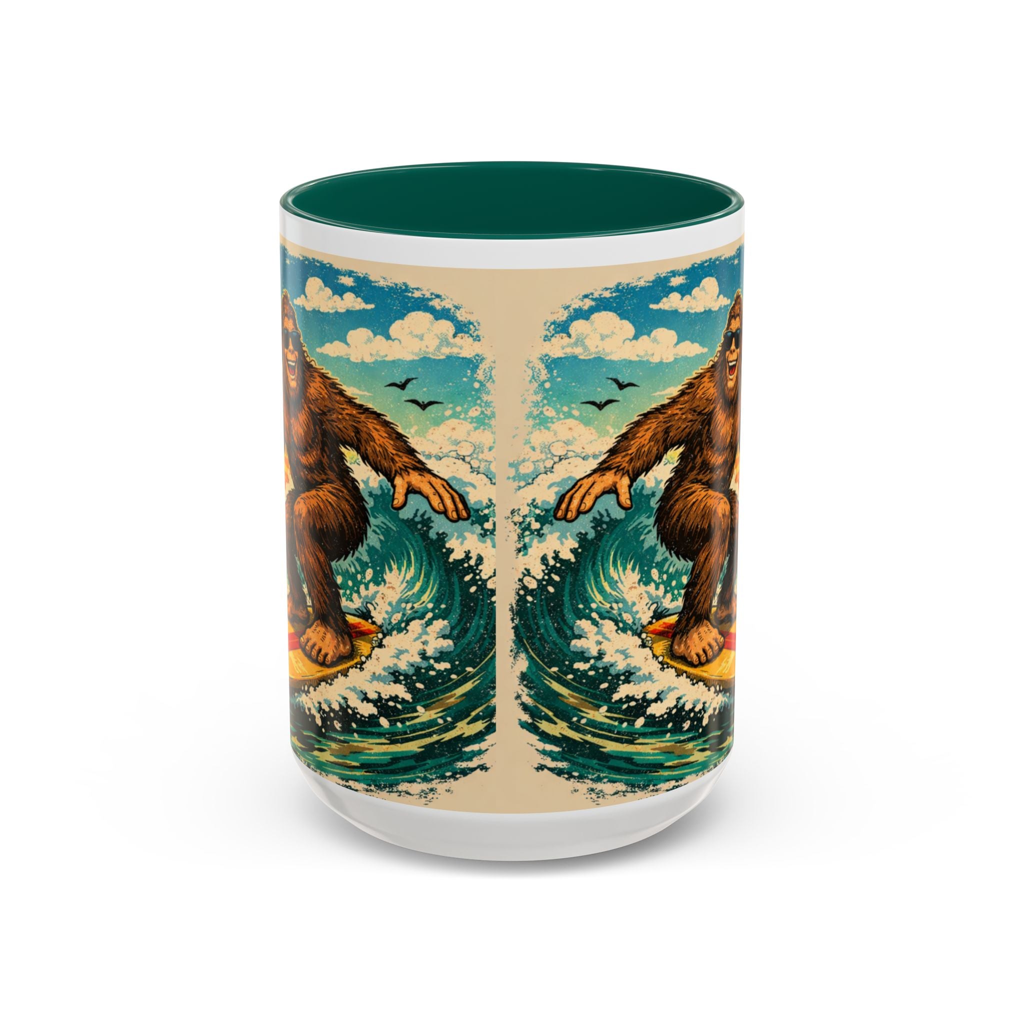 Surfing Bigfoot Mug | Retro Beach Sunset Bigfoot Wave Coffee Cup