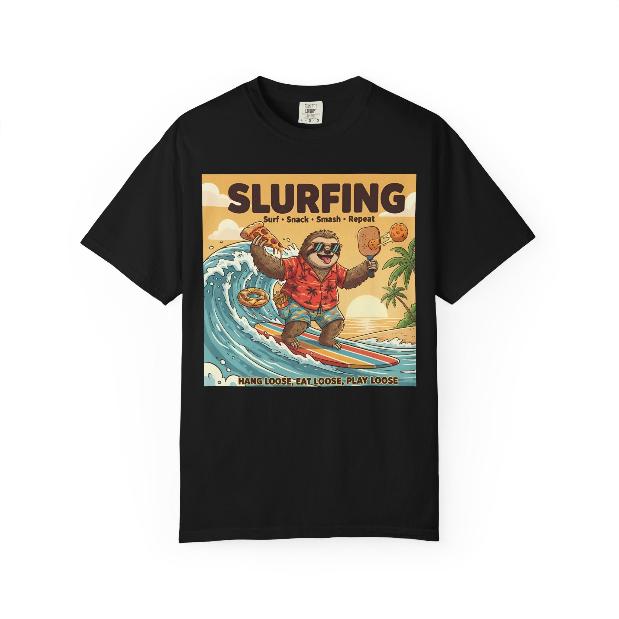 Slurfing Surfing Sloth T-Shirt | Retro Beach Wave Illustration