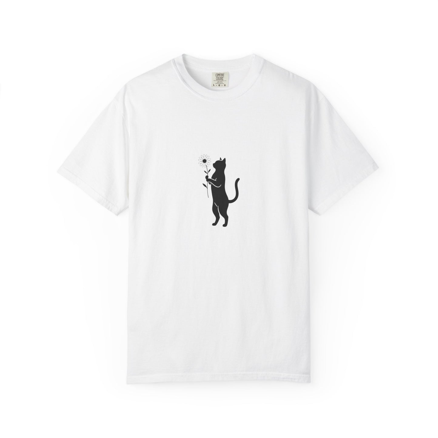 Black Cat Holding Flower T-Shirt | Minimal Cat Silhouette Tee