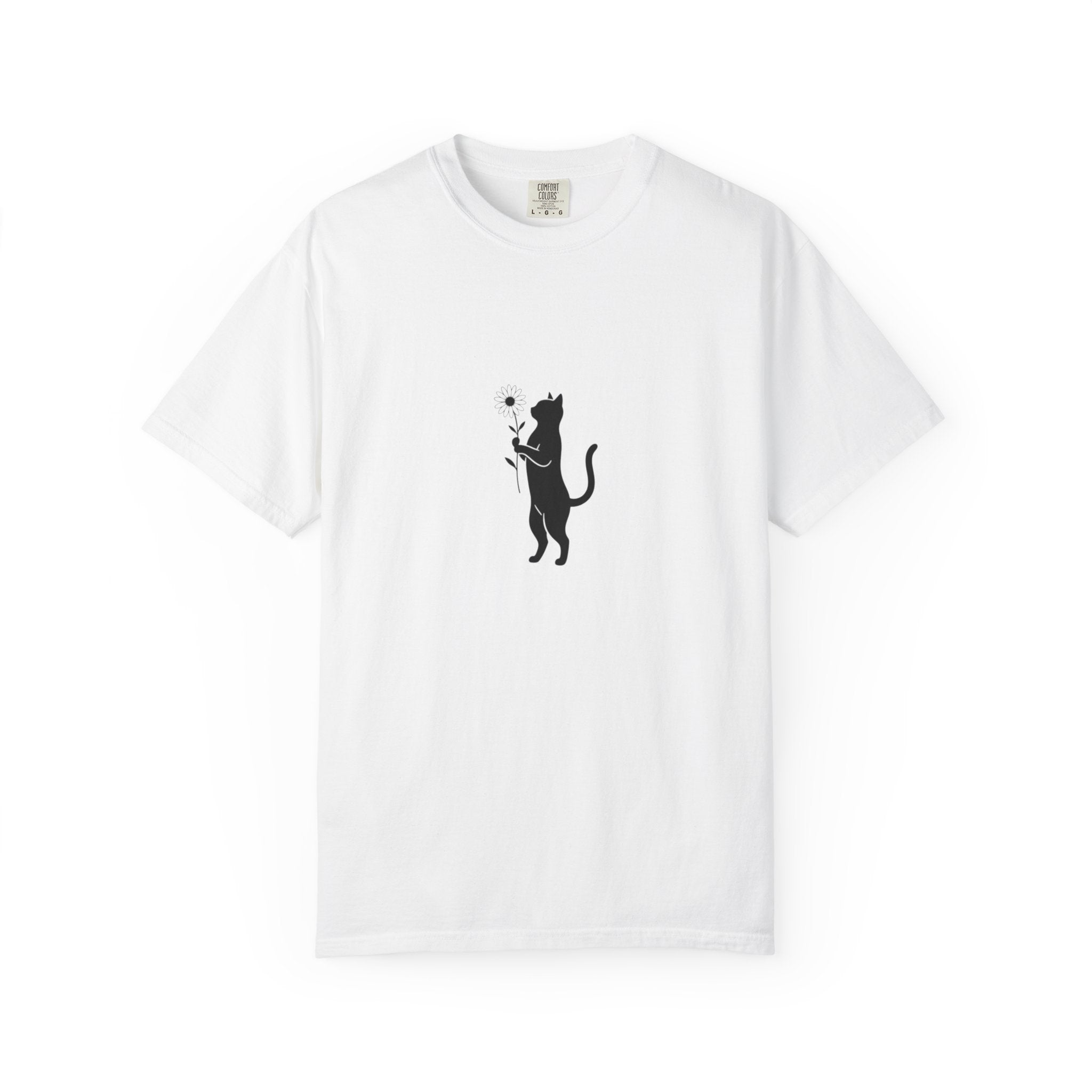 Black Cat Holding Flower T-Shirt | Minimal Cat Silhouette Tee